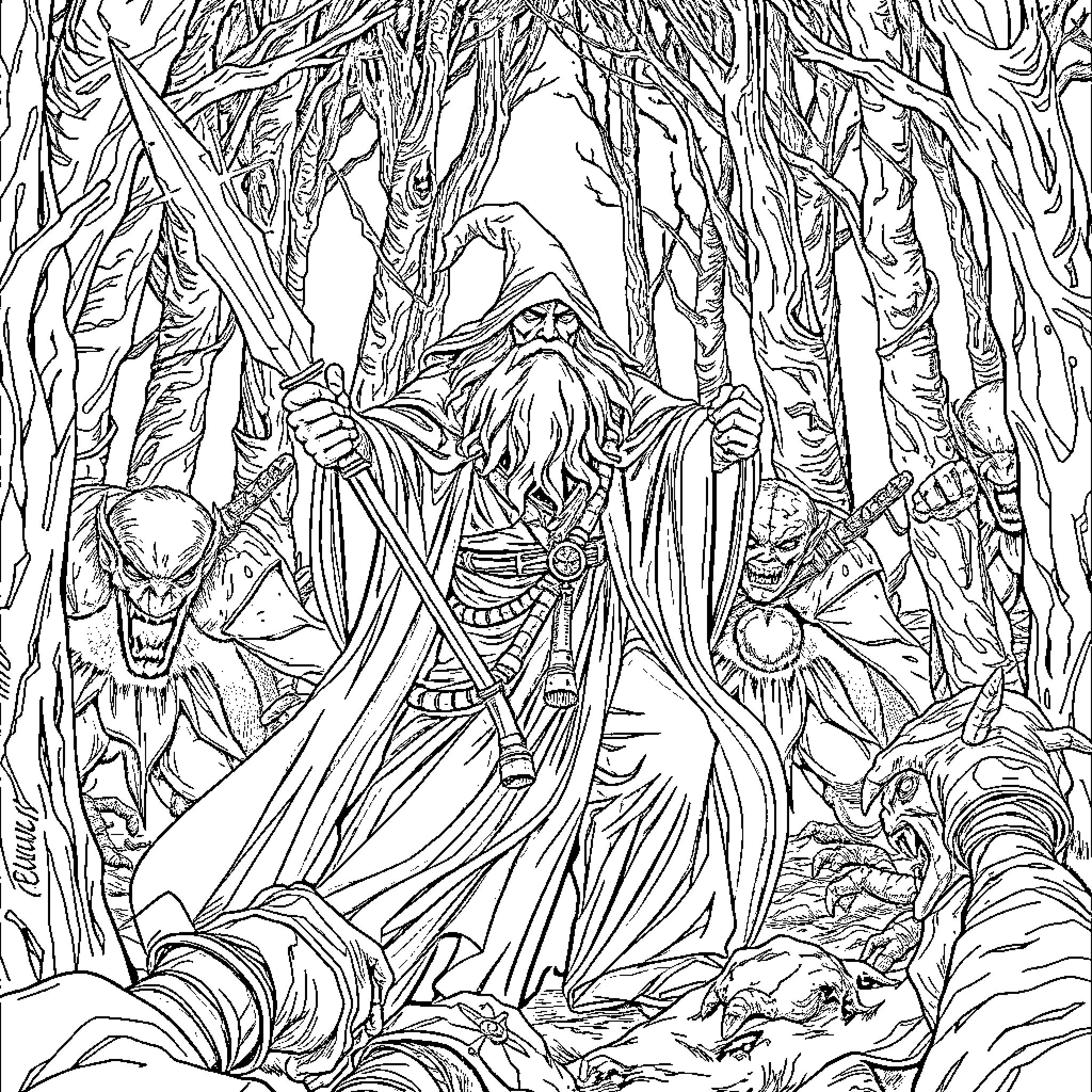 Gandalf the wizard wielding staff in enchanted forest Coloring Page (free black-and-white line drawing printable PDF for all, from beginners to advanced learners, including children, teens, adults, and seniors)