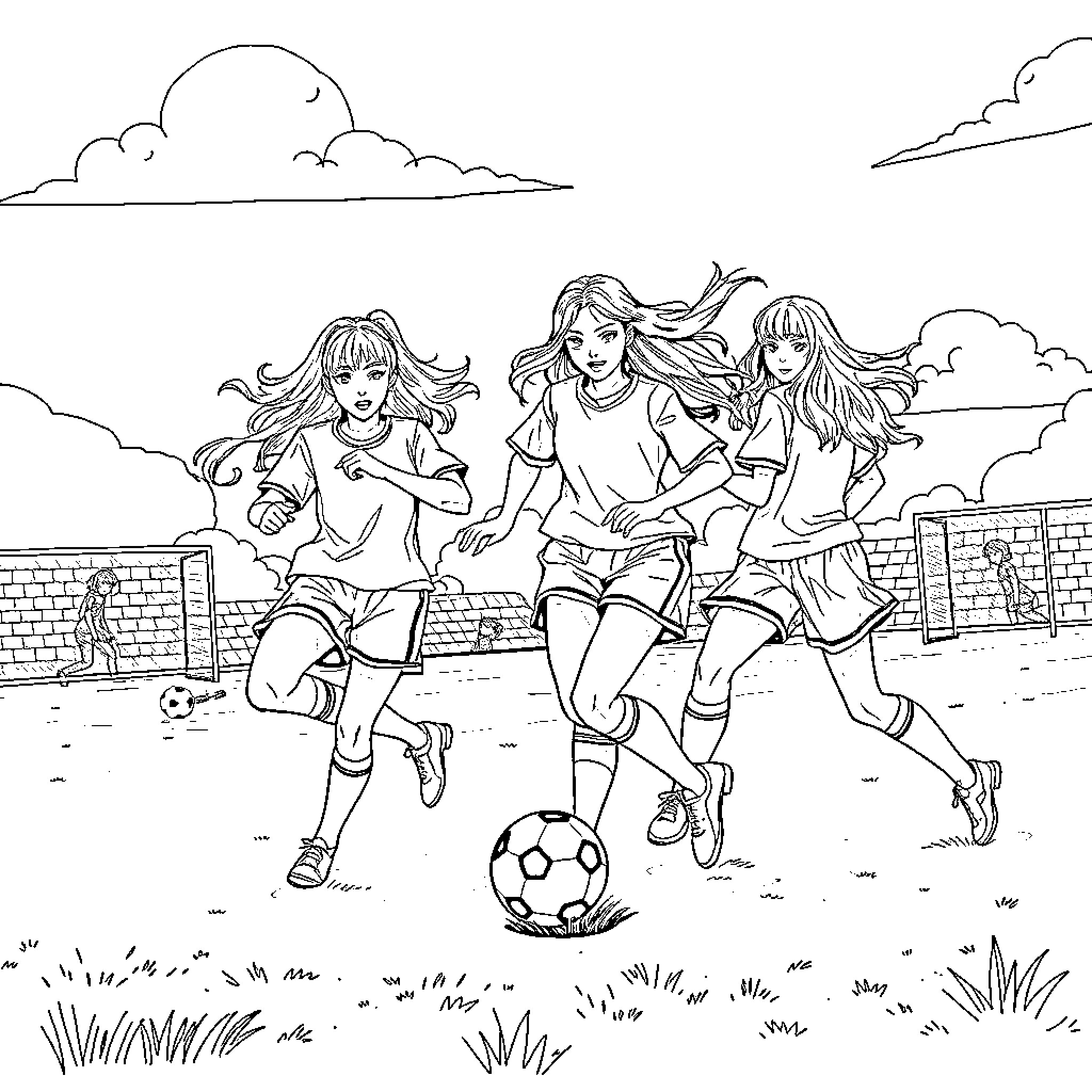 Kpop Girls Playing Soccer with Enthusiasm Coloring Page (free black-and-white line drawing printable PDF for all, from beginners to advanced learners, including children, teens, adults, and seniors)