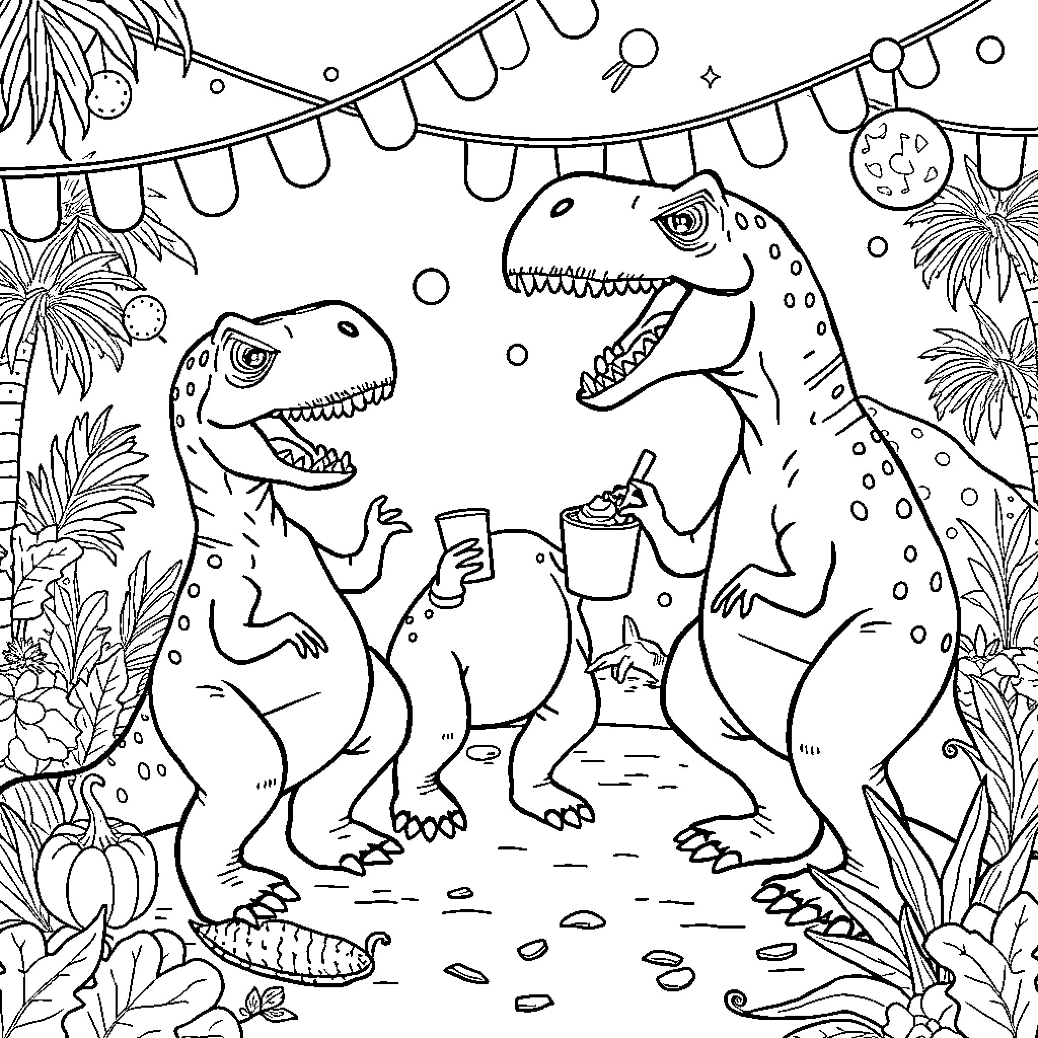 Parasaurolophus enjoying a party with dinosaur friends Coloring Page (free black-and-white line drawing printable PDF for all, from beginners to advanced learners, including children, teens, adults, and seniors)