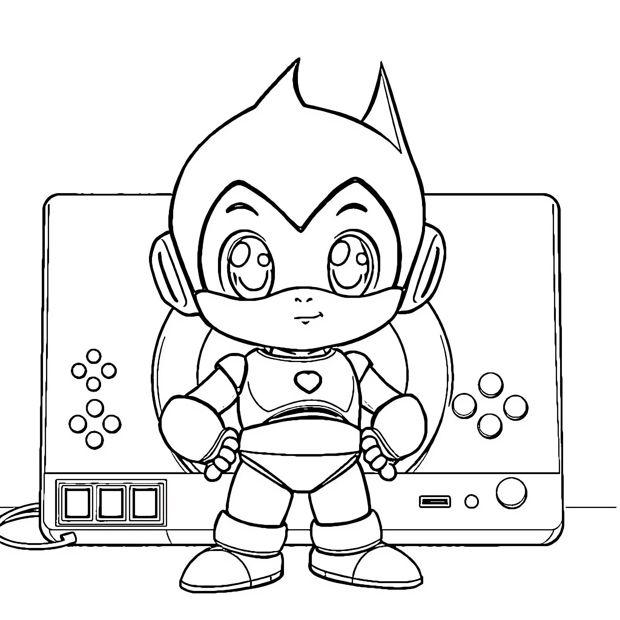 Astro Boy playing with video game console Coloring Page (free black-and-white line drawing printable PDF for all, from beginners to advanced learners, including children, teens, adults, and seniors)