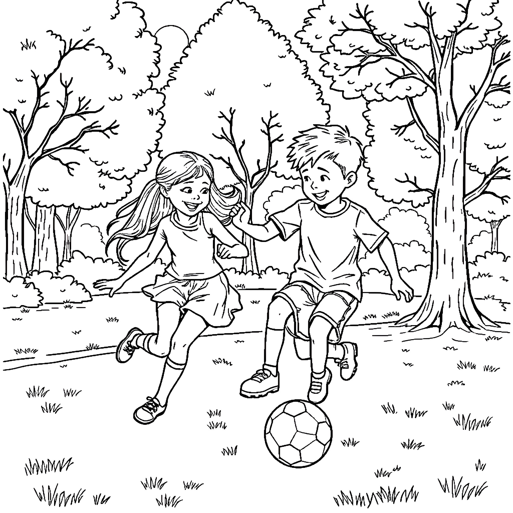 Players enjoying soccer in the forest Coloring Page (free black-and-white line drawing printable PDF for all, from beginners to advanced learners, including children, teens, adults, and seniors)