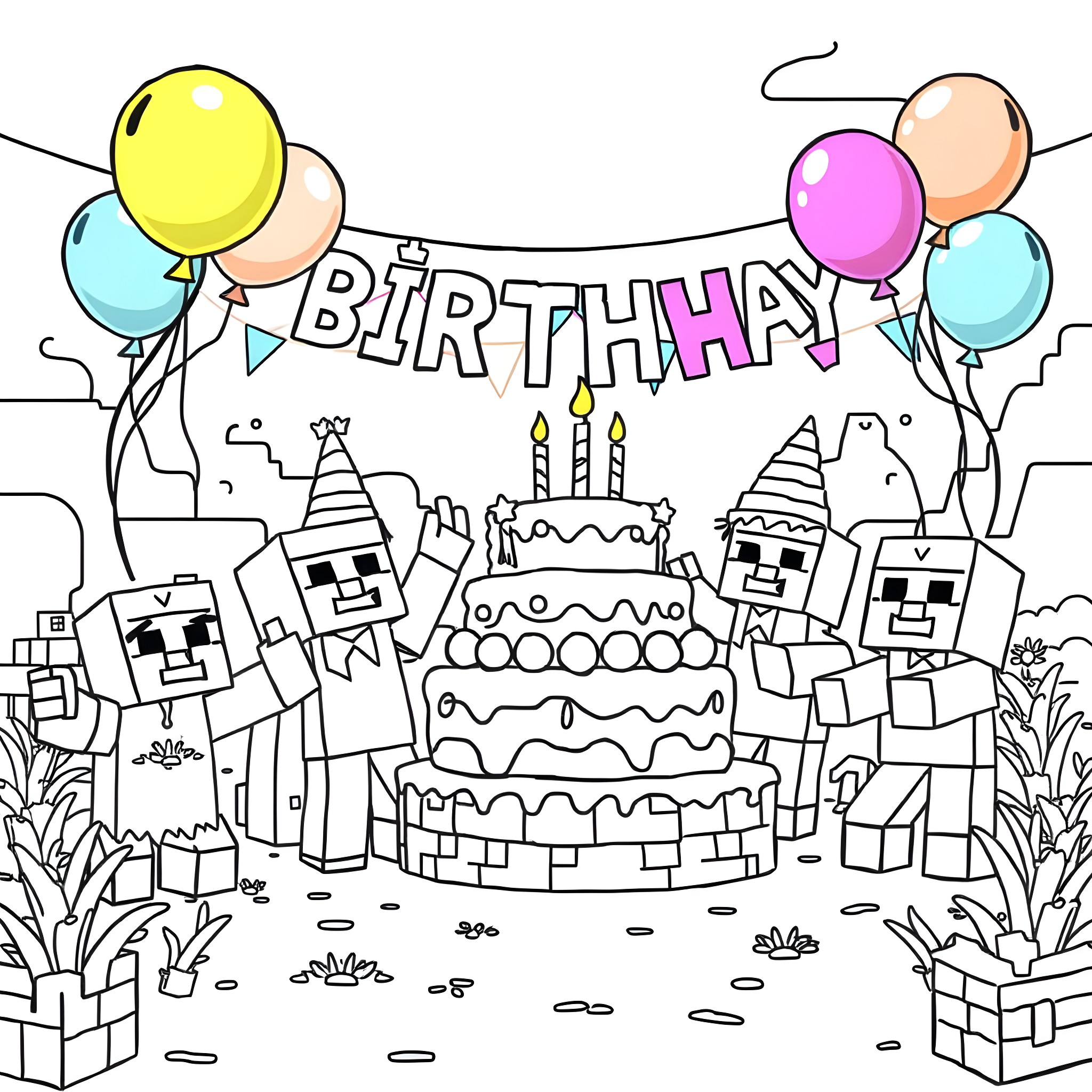 Minecraft Mob Celebrating a Birthday Party Coloring Page (free black-and-white line drawing printable PDF for all, from beginners to advanced learners, including children, teens, adults, and seniors)