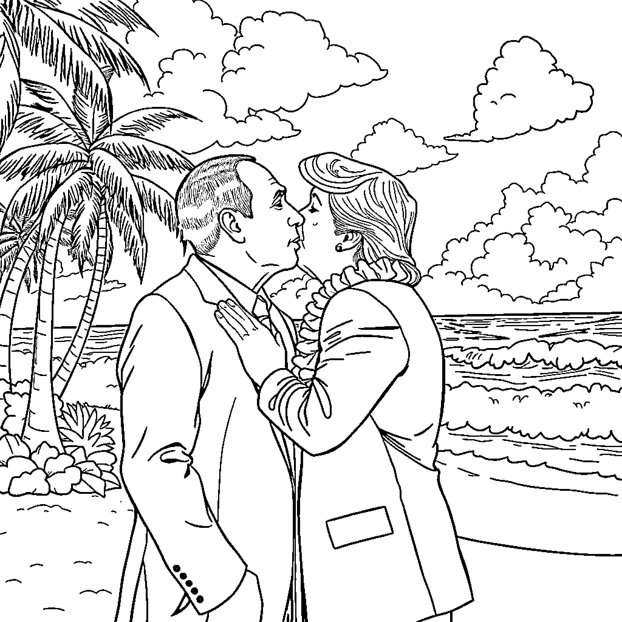 Vladimir Putin and companion embracing on tropical beach Coloring Page (free black-and-white line drawing printable PDF for all, from beginners to advanced learners, including children, teens, adults, and seniors)