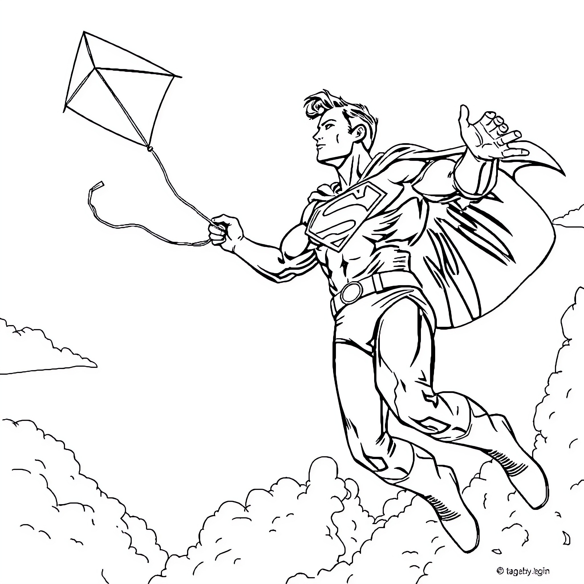 Superman flying with kite in cloudy sky Coloring Page (free black-and-white line drawing printable PDF for all, from beginners to advanced learners, including children, teens, adults, and seniors)