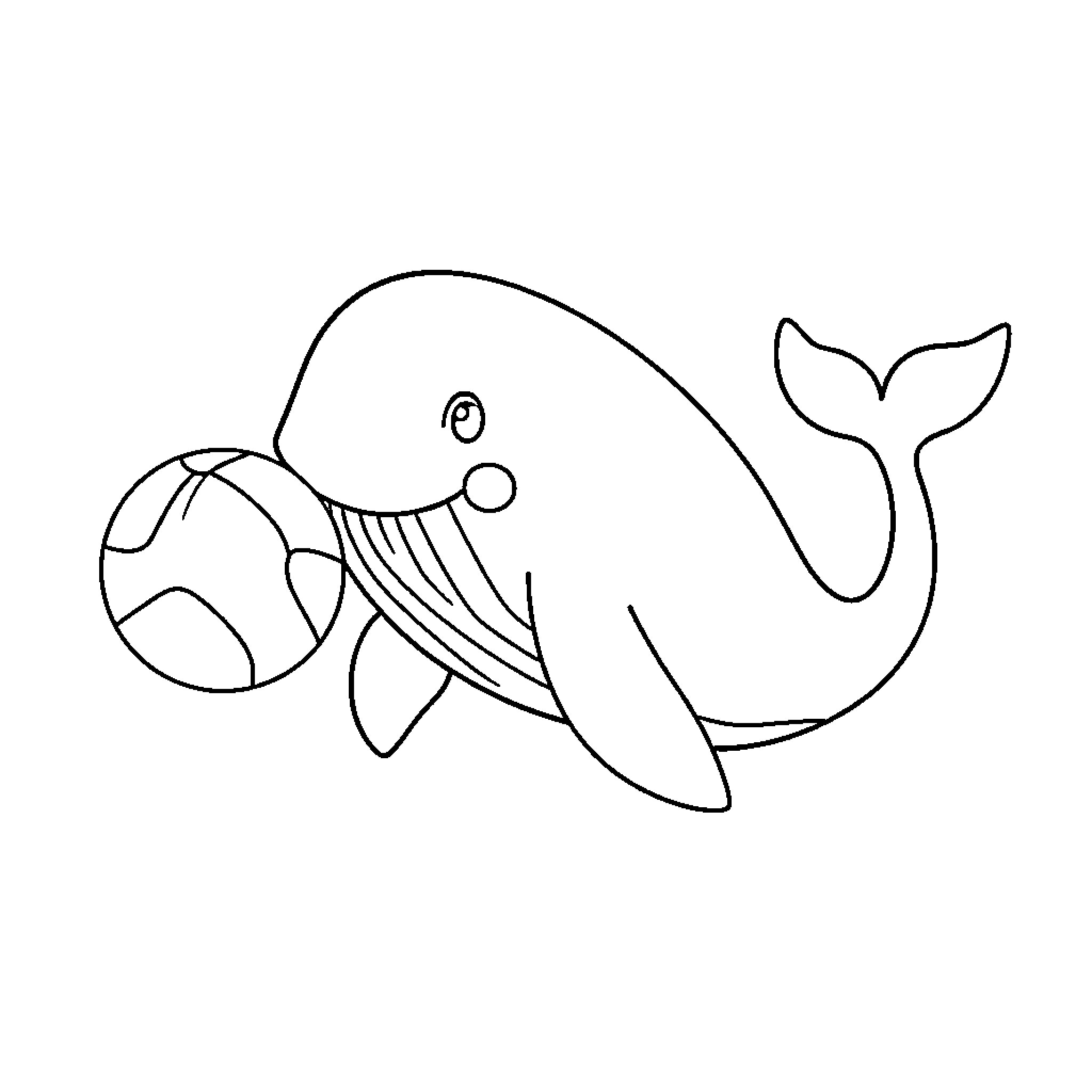 Whale playing with ball in the ocean Coloring Page (free black-and-white line drawing printable PDF for all, from beginners to advanced learners, including children, teens, adults, and seniors)