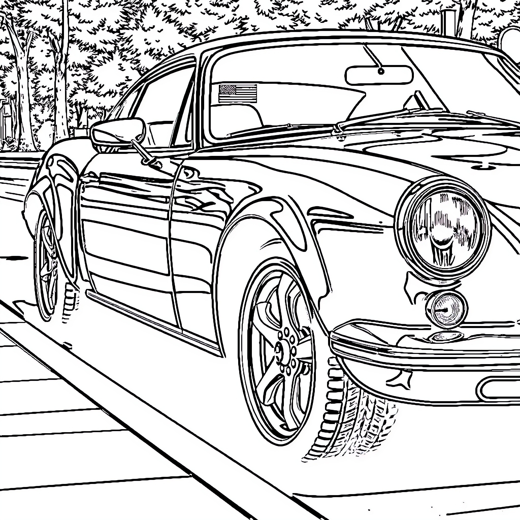 Car parked in forest scene Coloring Page (free black-and-white line drawing printable PDF for all, from beginners to advanced learners, including children, teens, adults, and seniors)