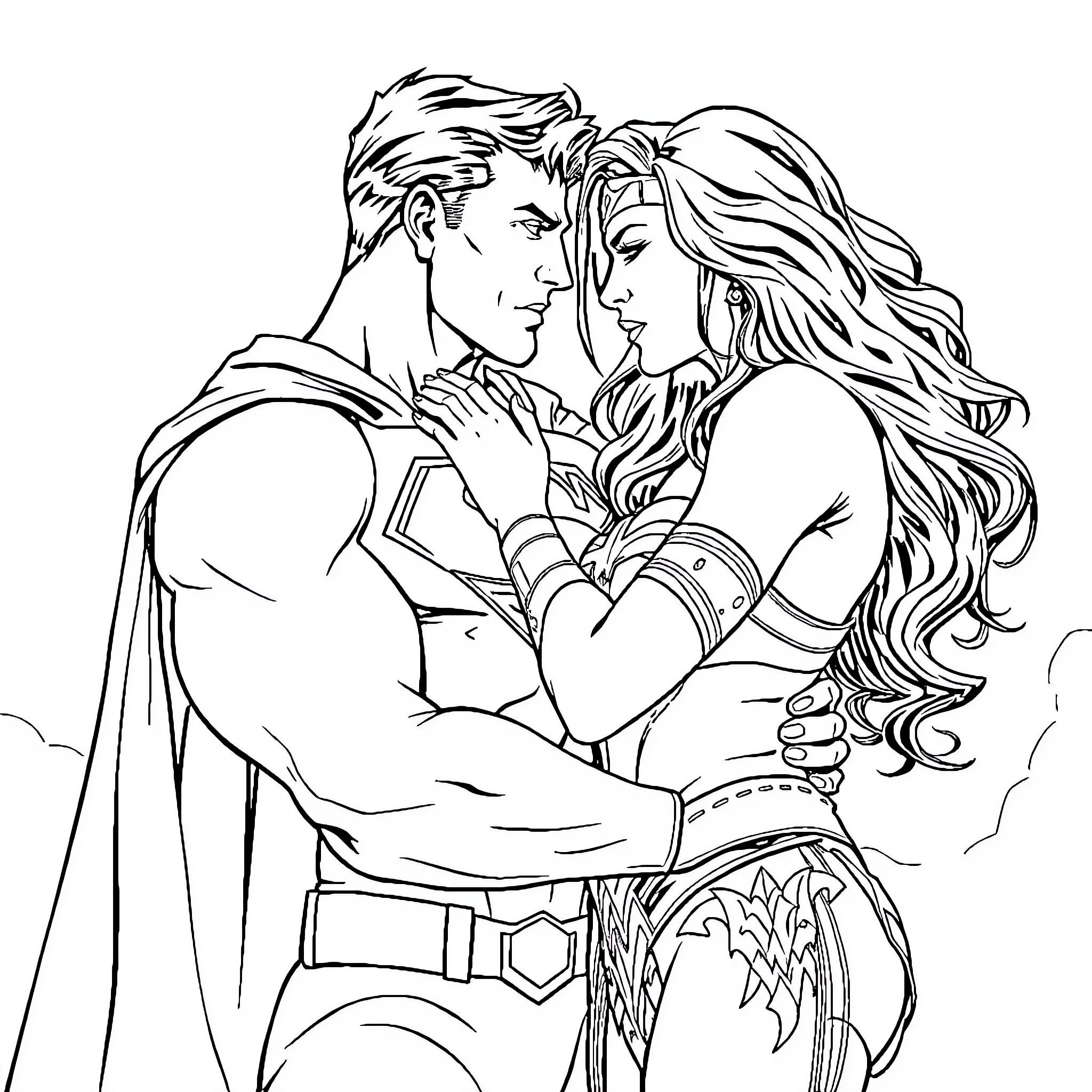 Superman embracing a female superhero in a romantic pose Coloring Page (free black-and-white line drawing printable PDF for all, from beginners to advanced learners, including children, teens, adults, and seniors)