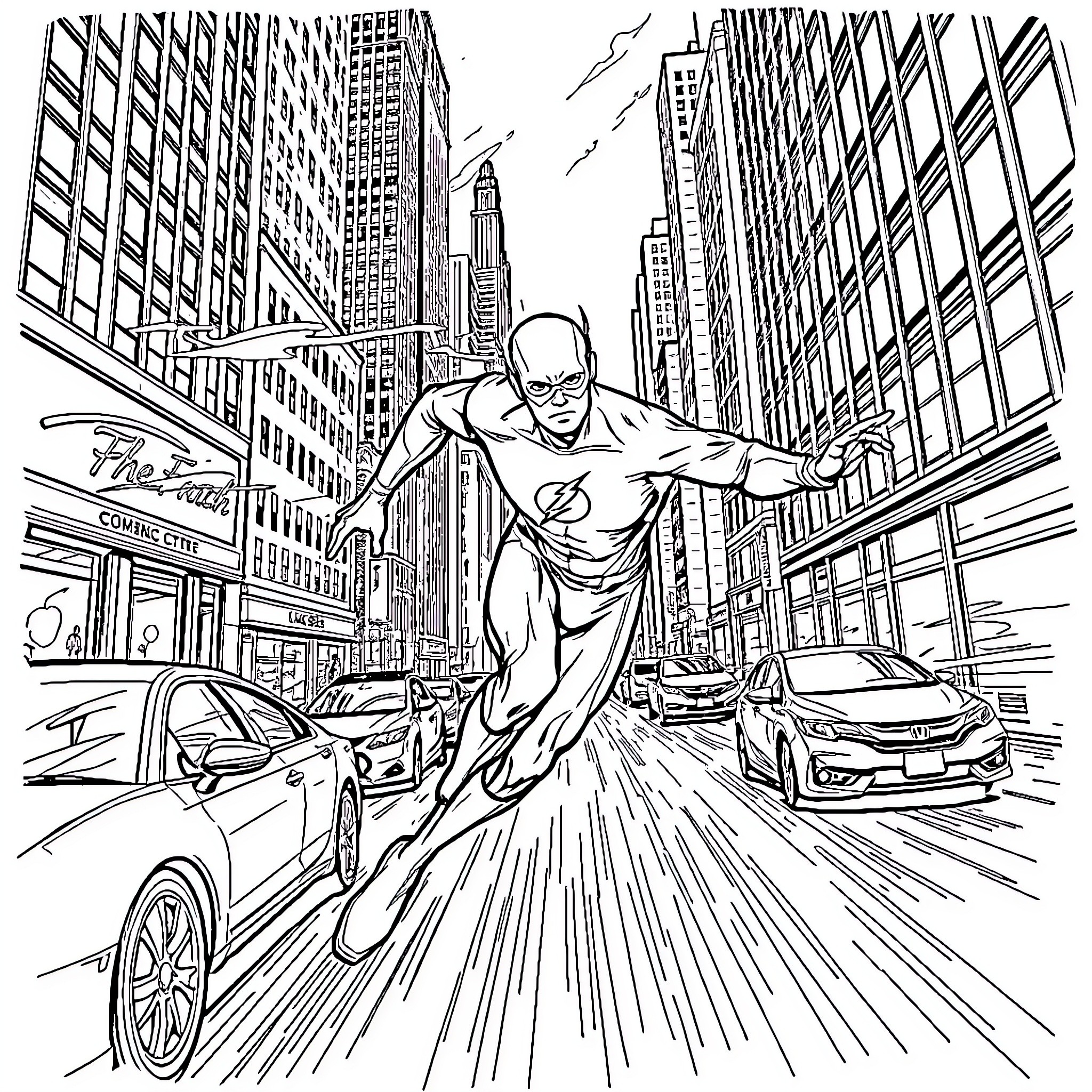 Flash Soaring Over Busy City Streets Coloring Page (free black-and-white line drawing printable PDF for all, from beginners to advanced learners, including children, teens, adults, and seniors)