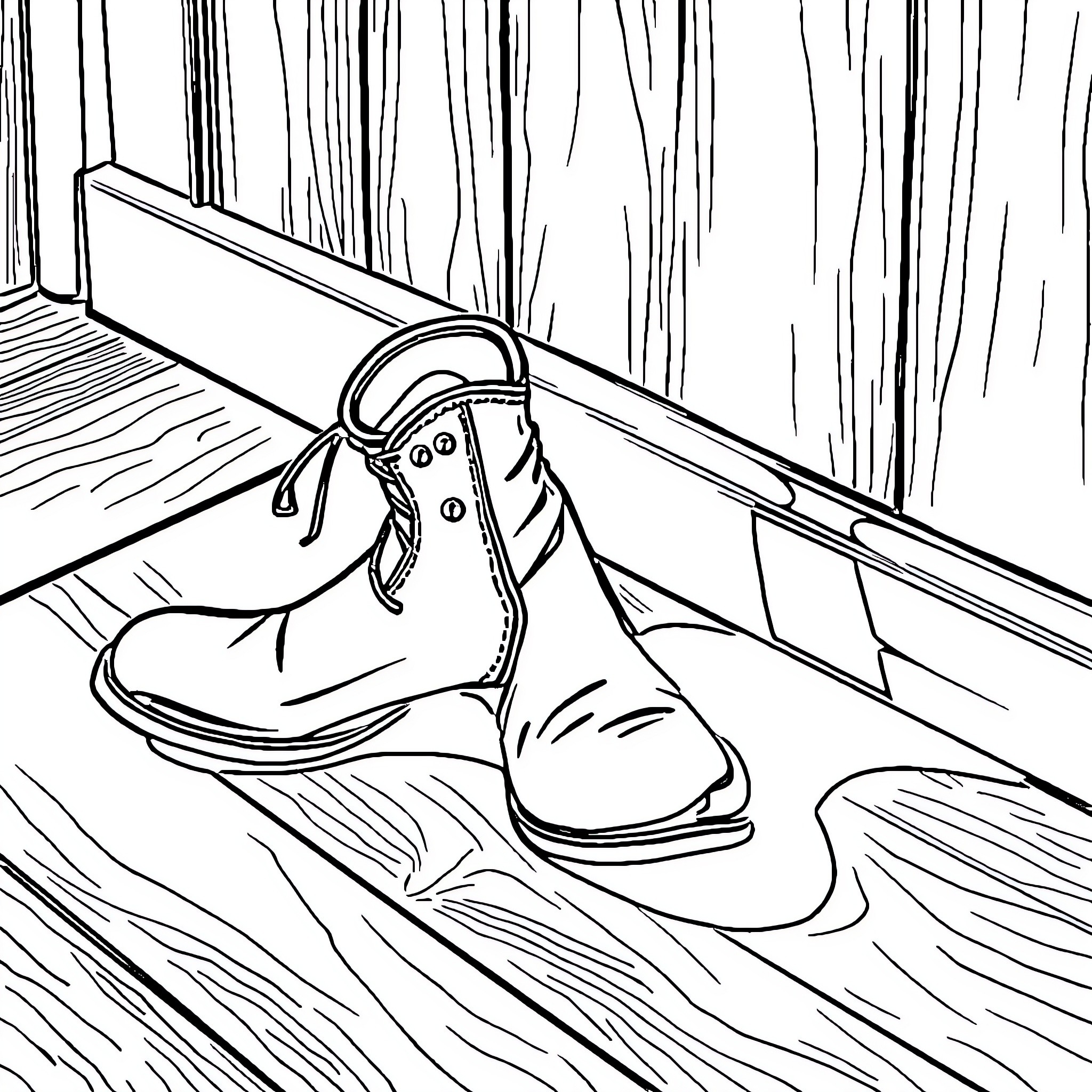 Bottle-Shaped Boots on Wooden Floorboards Coloring Page (free black-and-white line drawing printable PDF for all, from beginners to advanced learners, including children, teens, adults, and seniors)