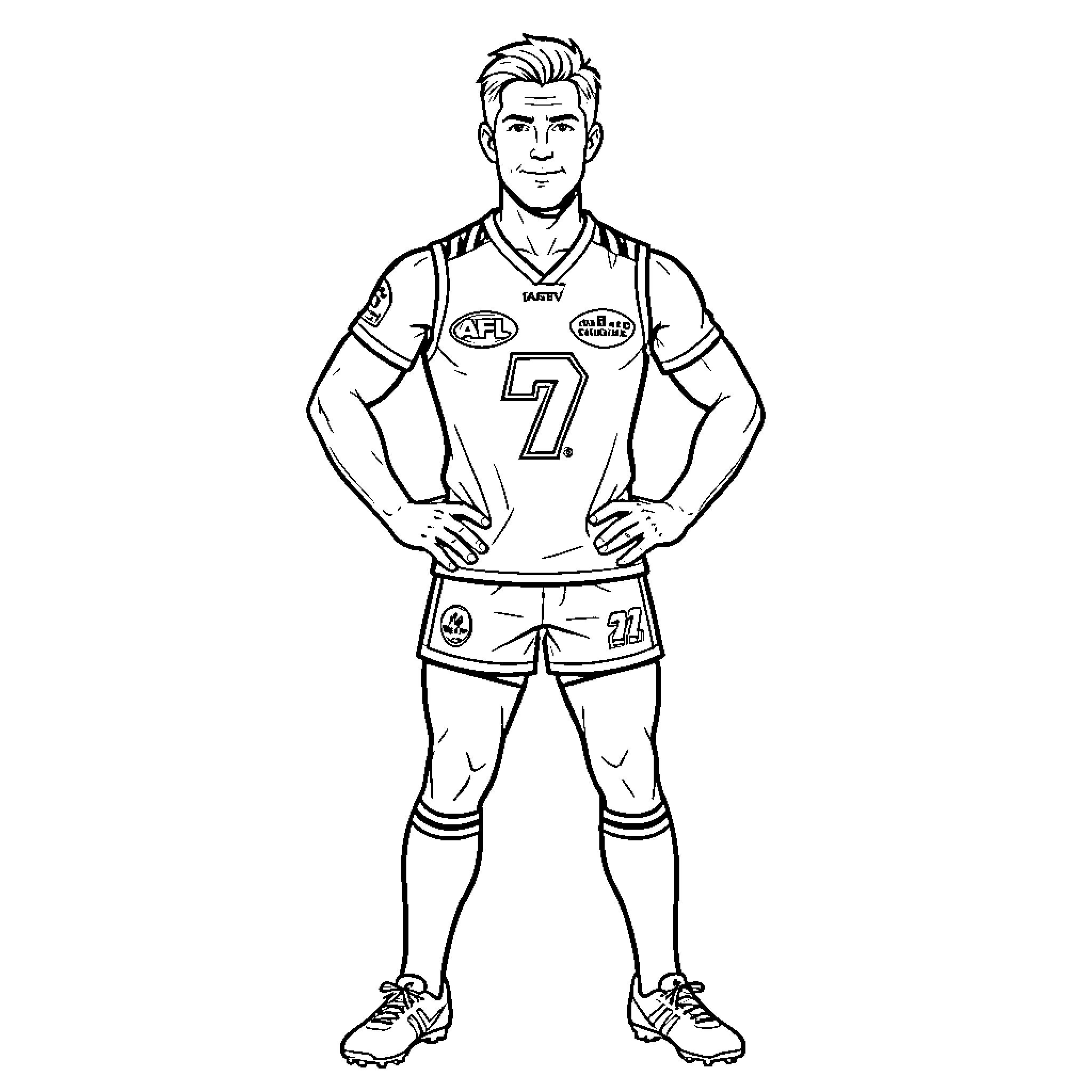 Harley Reid standing confidently in an athletic uniform Coloring Page (free black-and-white line drawing printable PDF for all, from beginners to advanced learners, including children, teens, adults, and seniors)