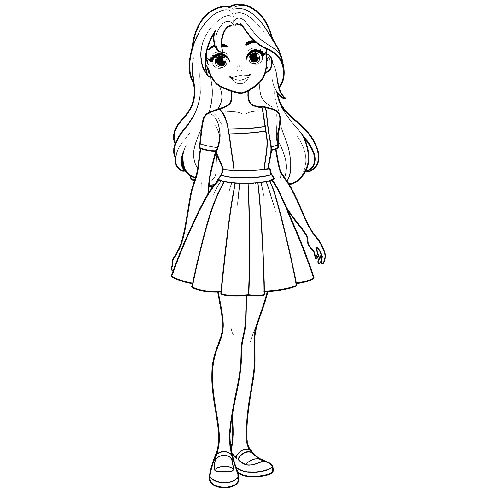 Elza - Girl in Casual Dress Coloring Page (free black-and-white line drawing printable PDF for all, from beginners to advanced learners, including children, teens, adults, and seniors)