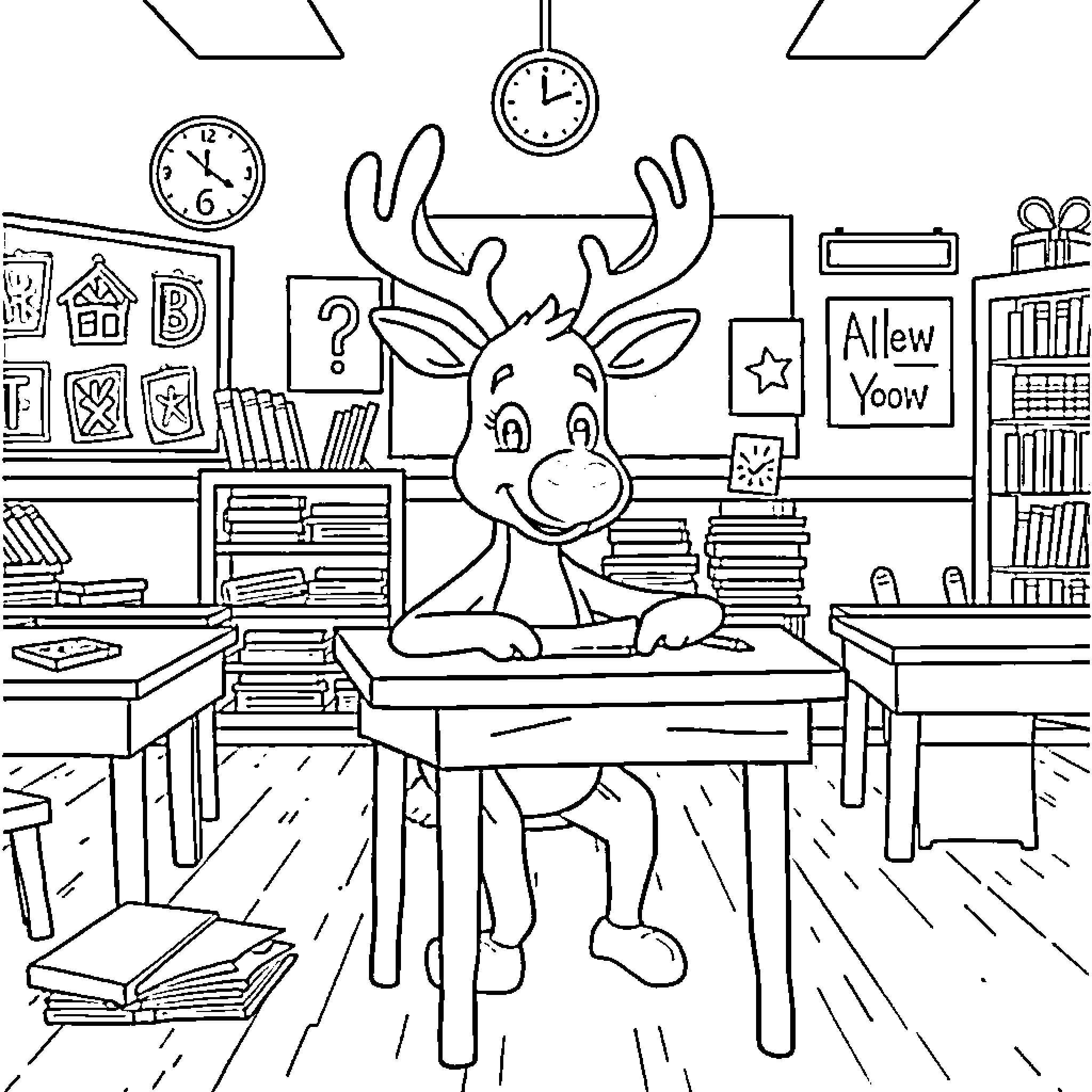 Rudolph's Classroom Adventure Coloring Page (free black-and-white line drawing printable PDF for all, from beginners to advanced learners, including children, teens, adults, and seniors)