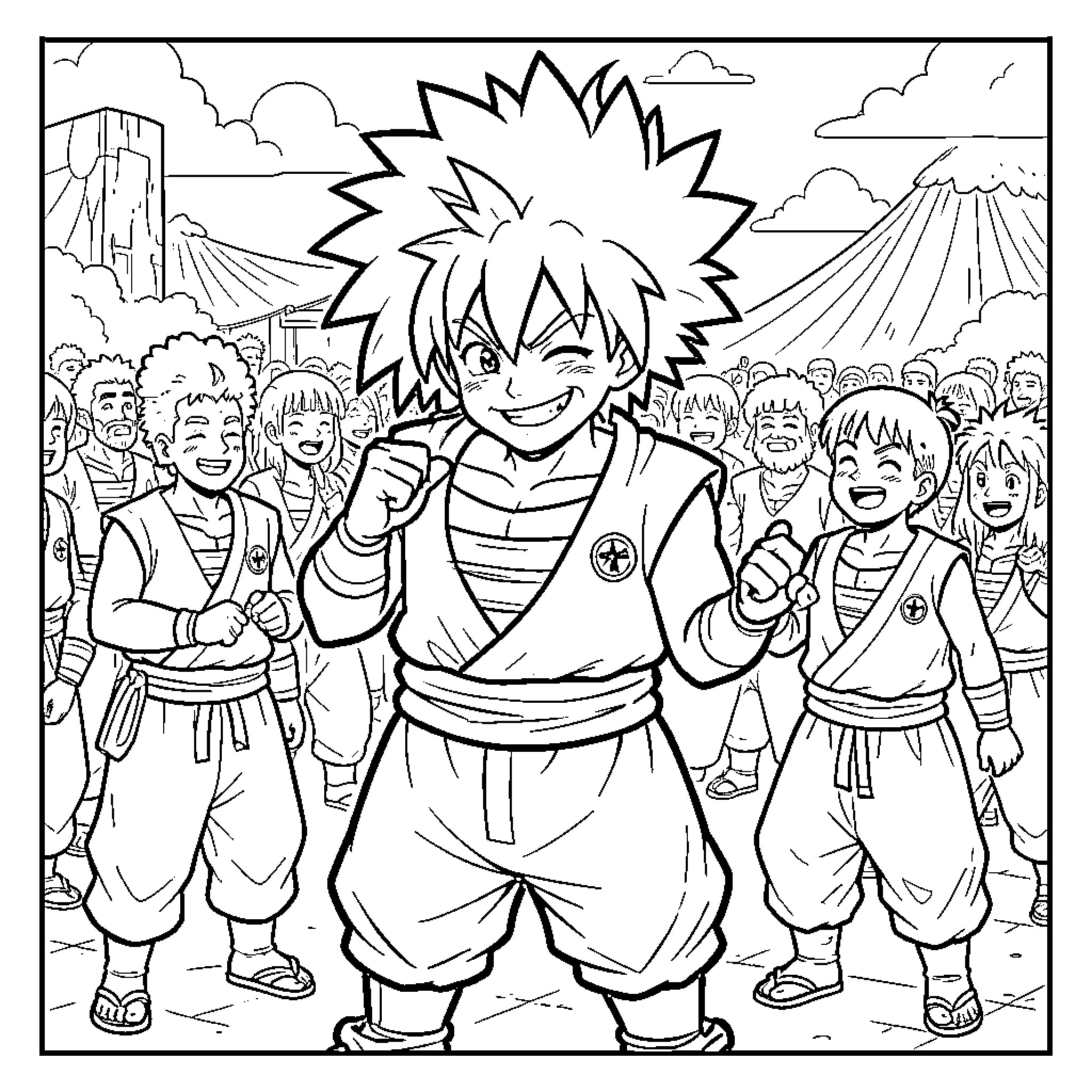 Jiraiya's Cheerful Adventure with Friends Coloring Page (free black-and-white line drawing printable PDF for all, from beginners to advanced learners, including children, teens, adults, and seniors)