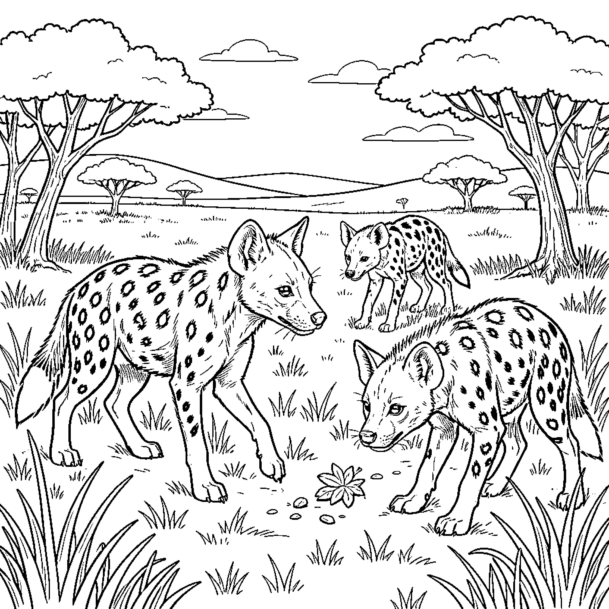 Hyena family walking together through the savanna Coloring Page (free black-and-white line drawing printable PDF for all, from beginners to advanced learners, including children, teens, adults, and seniors)
