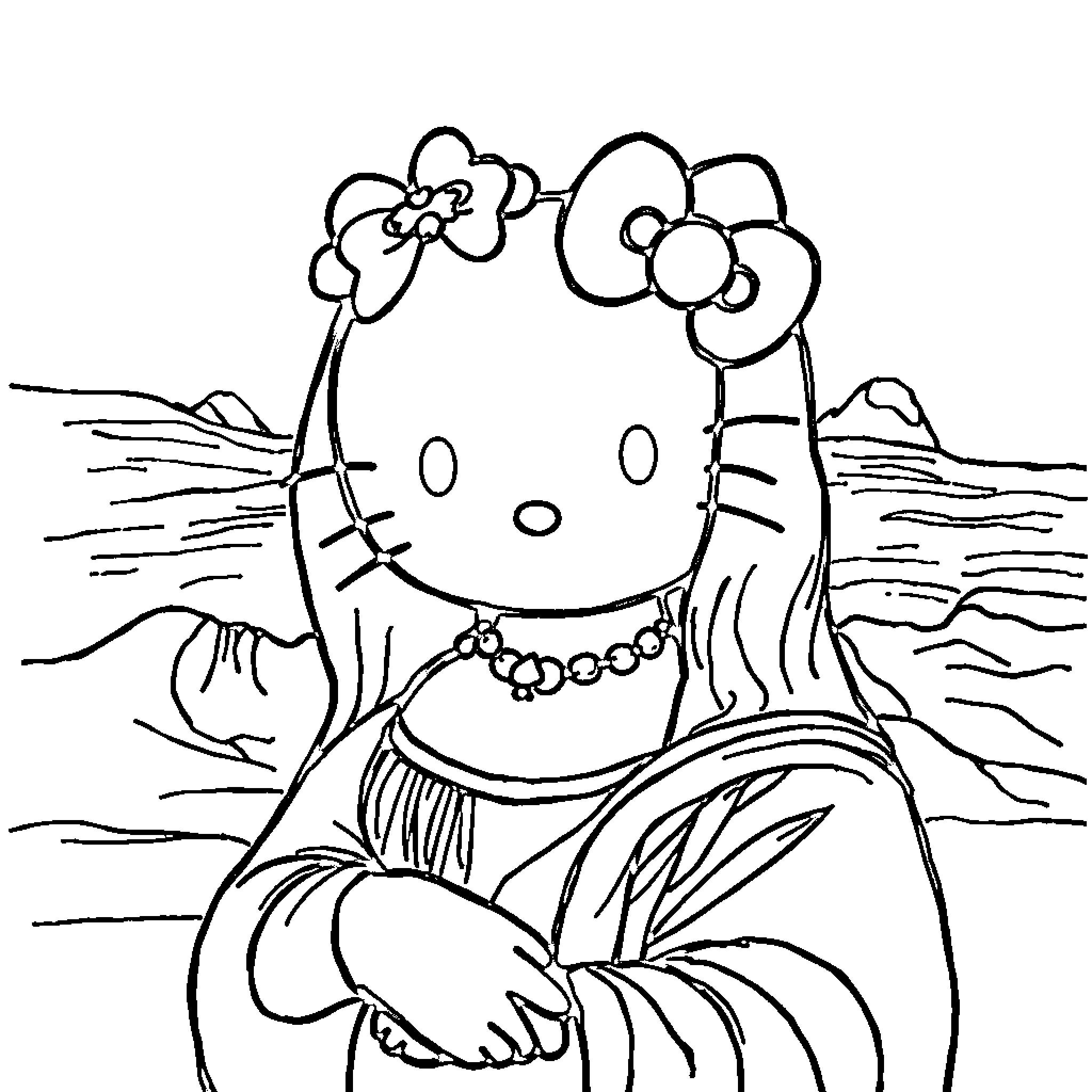 Hello Kitty in a Mona Lisa-inspired pose Coloring Page (free black-and-white line drawing printable PDF for all, from beginners to advanced learners, including children, teens, adults, and seniors)