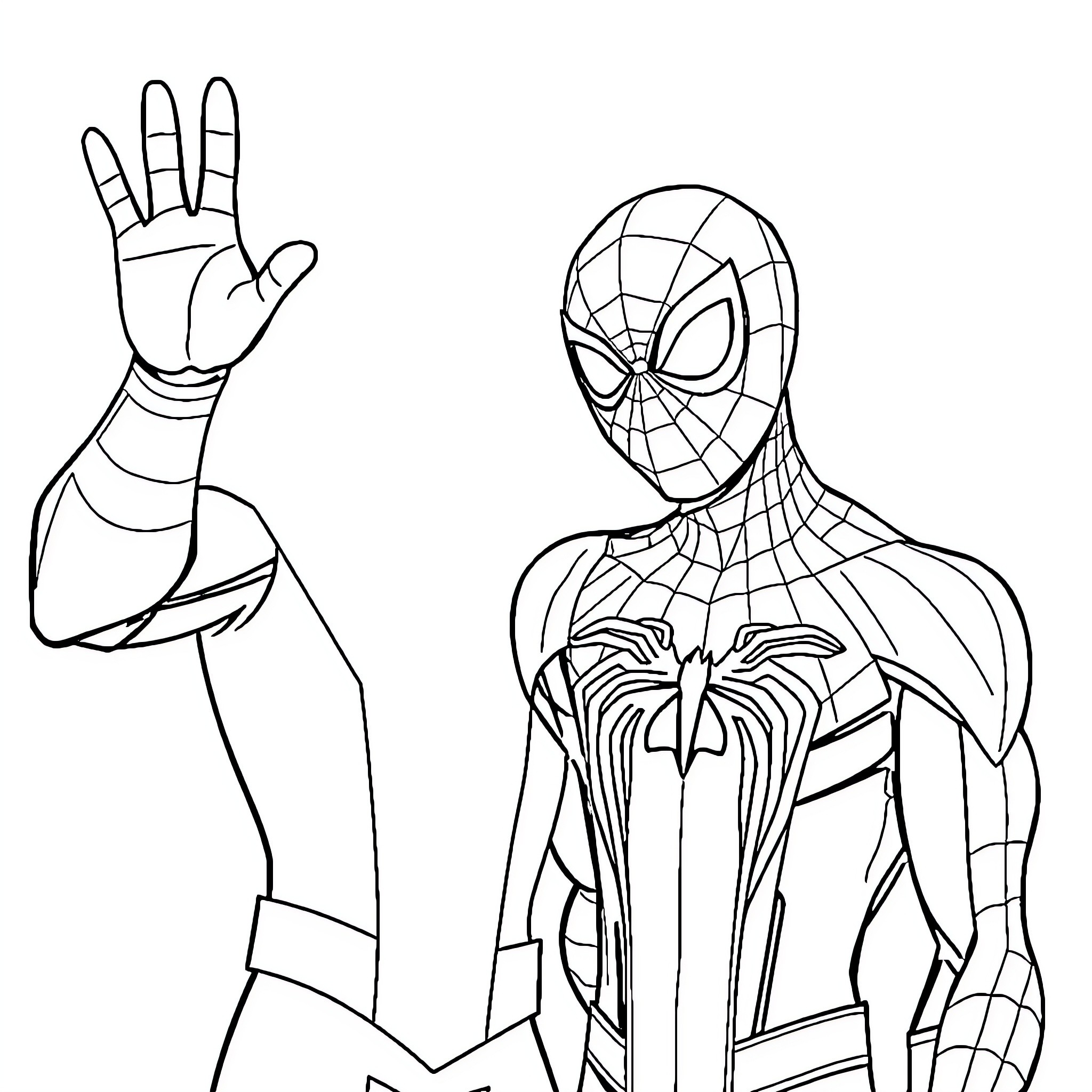 Spider-Man Strikes a Heroic Pose Coloring Page (free black-and-white line drawing printable PDF for all, from beginners to advanced learners, including children, teens, adults, and seniors)