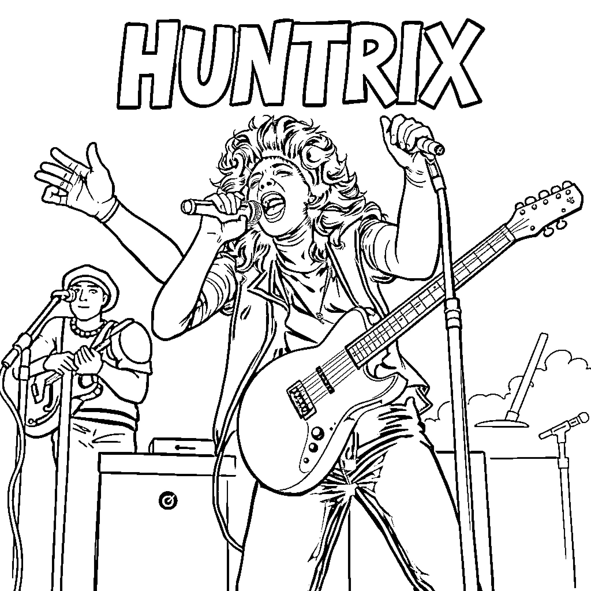 Huntrix Performing on Stage with Guitar Coloring Page (free black-and-white line drawing printable PDF for all, from beginners to advanced learners, including children, teens, adults, and seniors)