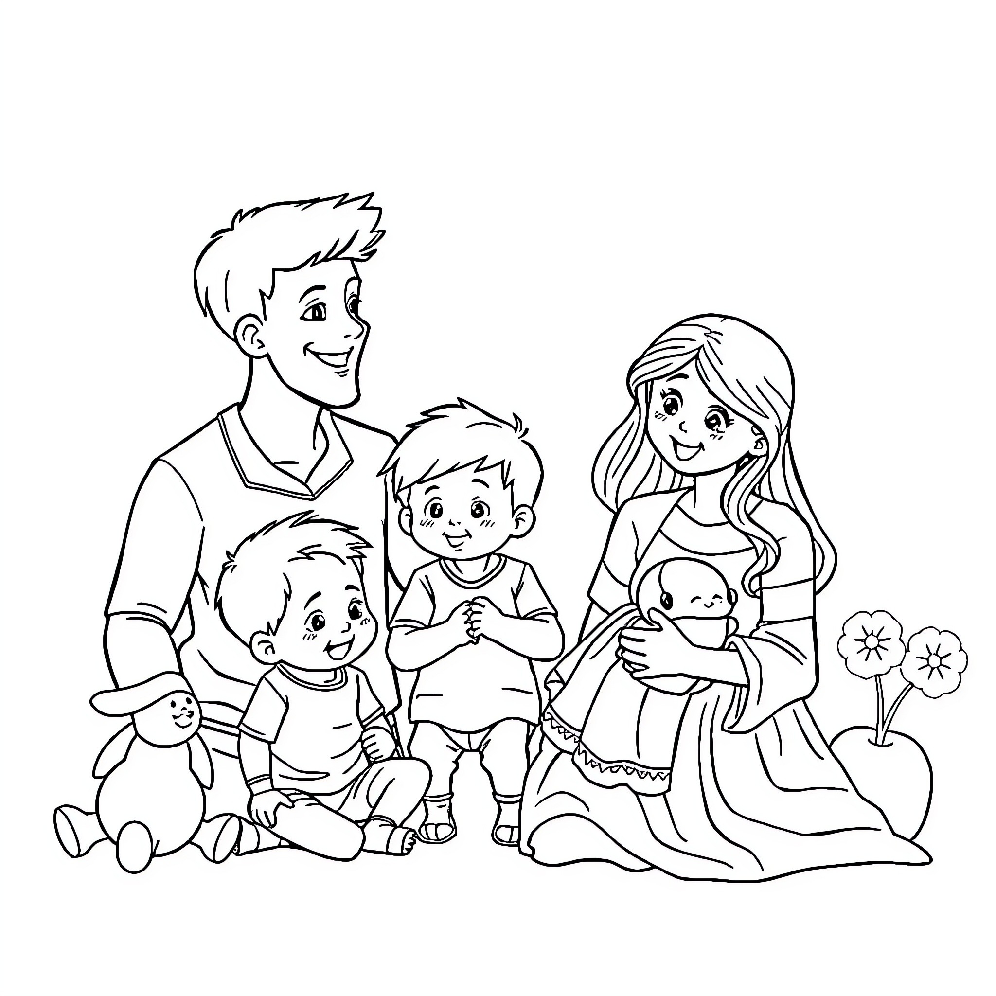 Family Enjoying a Peaceful Moment Together Coloring Page (free black-and-white line drawing printable PDF for all, from beginners to advanced learners, including children, teens, adults, and seniors)