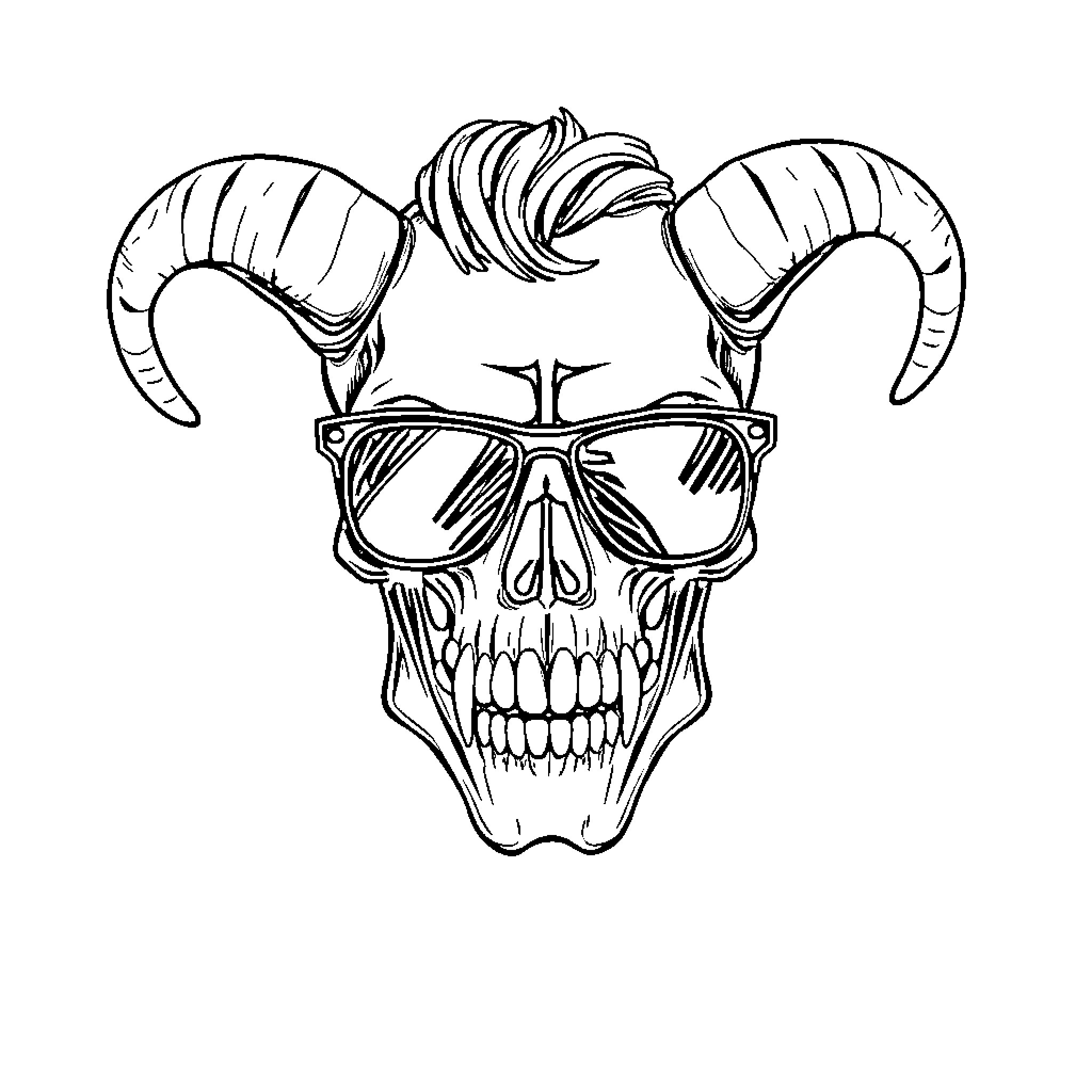Rattlehead wearing stylish shades and horns Coloring Page (free black-and-white line drawing printable PDF for all, from beginners to advanced learners, including children, teens, adults, and seniors)