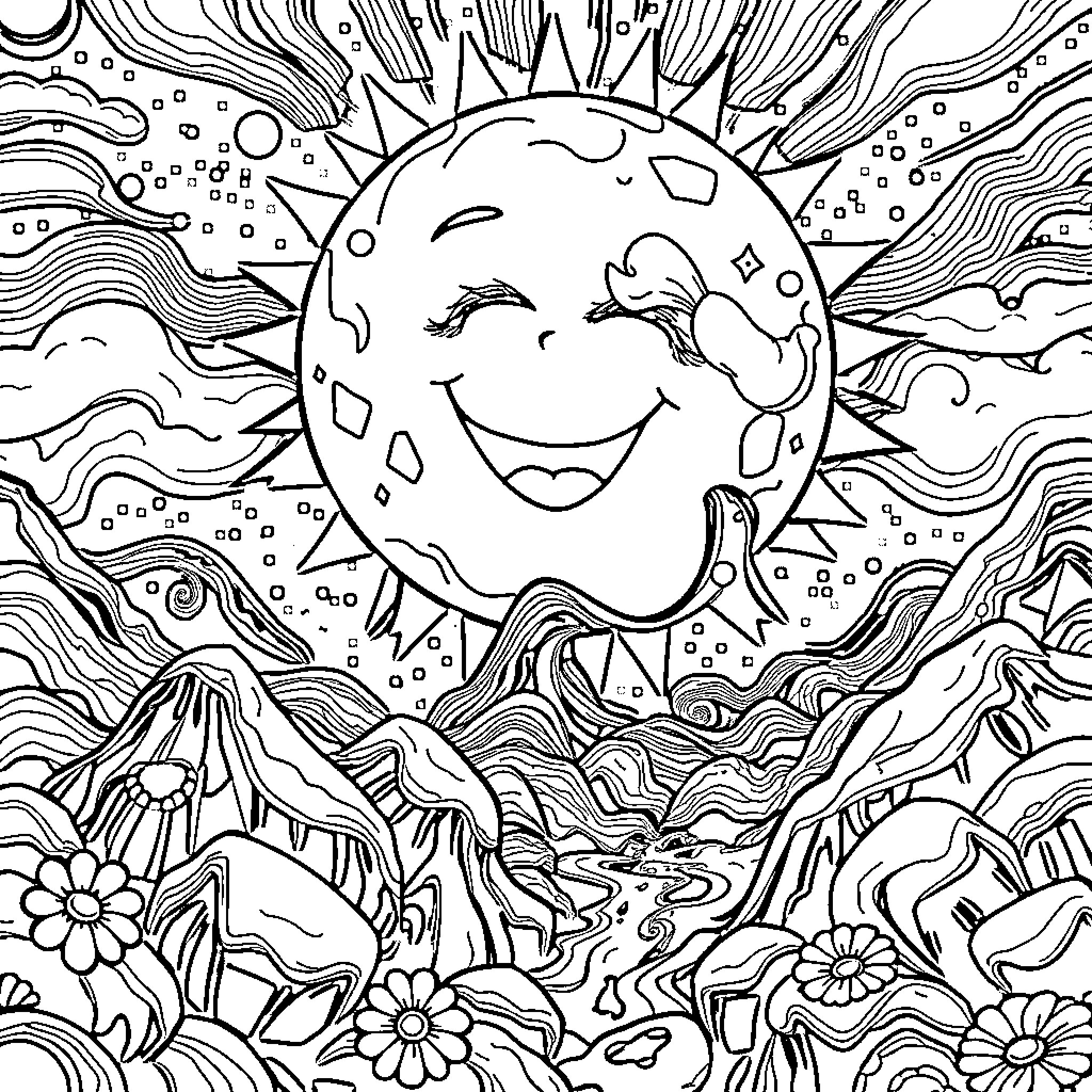 Moon Smiling Brightly in Nature's Embrace Coloring Page (free black-and-white line drawing printable PDF for all, from beginners to advanced learners, including children, teens, adults, and seniors)
