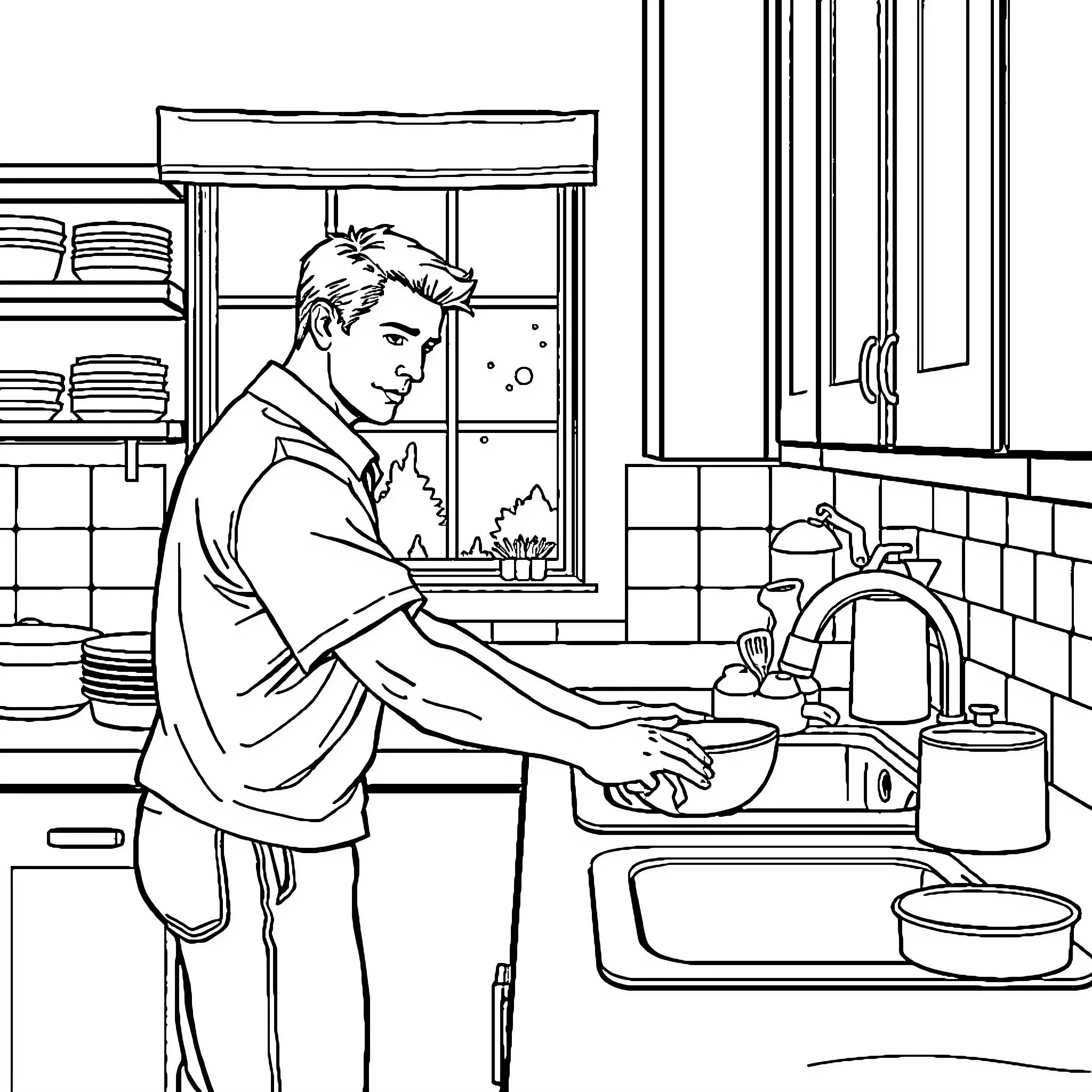 Man washing dishes in kitchen Coloring Page (free black-and-white line drawing printable PDF for all, from beginners to advanced learners, including children, teens, adults, and seniors)