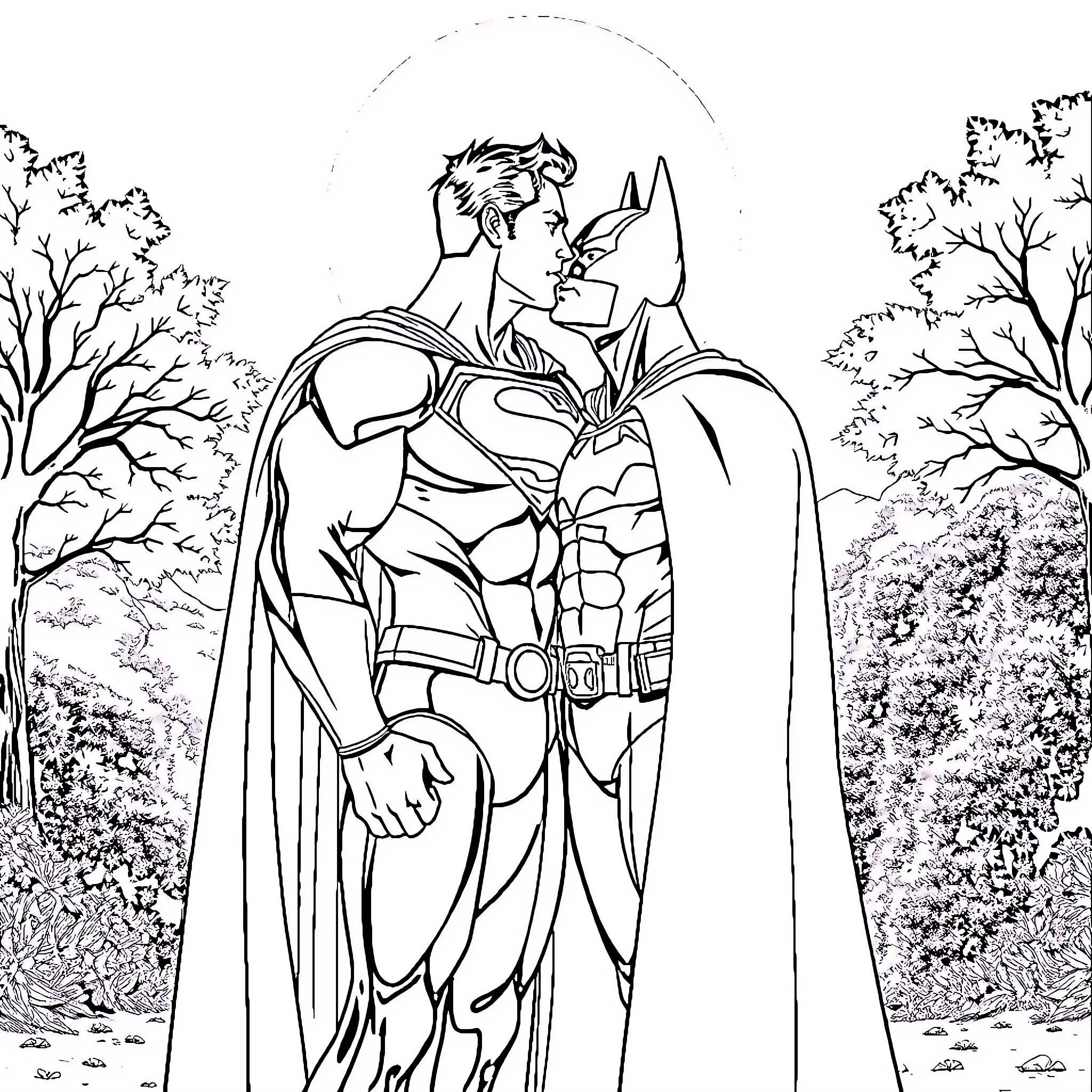 Superman and Batman in heroic poses in nature Coloring Page (free black-and-white line drawing printable PDF for all, from beginners to advanced learners, including children, teens, adults, and seniors)
