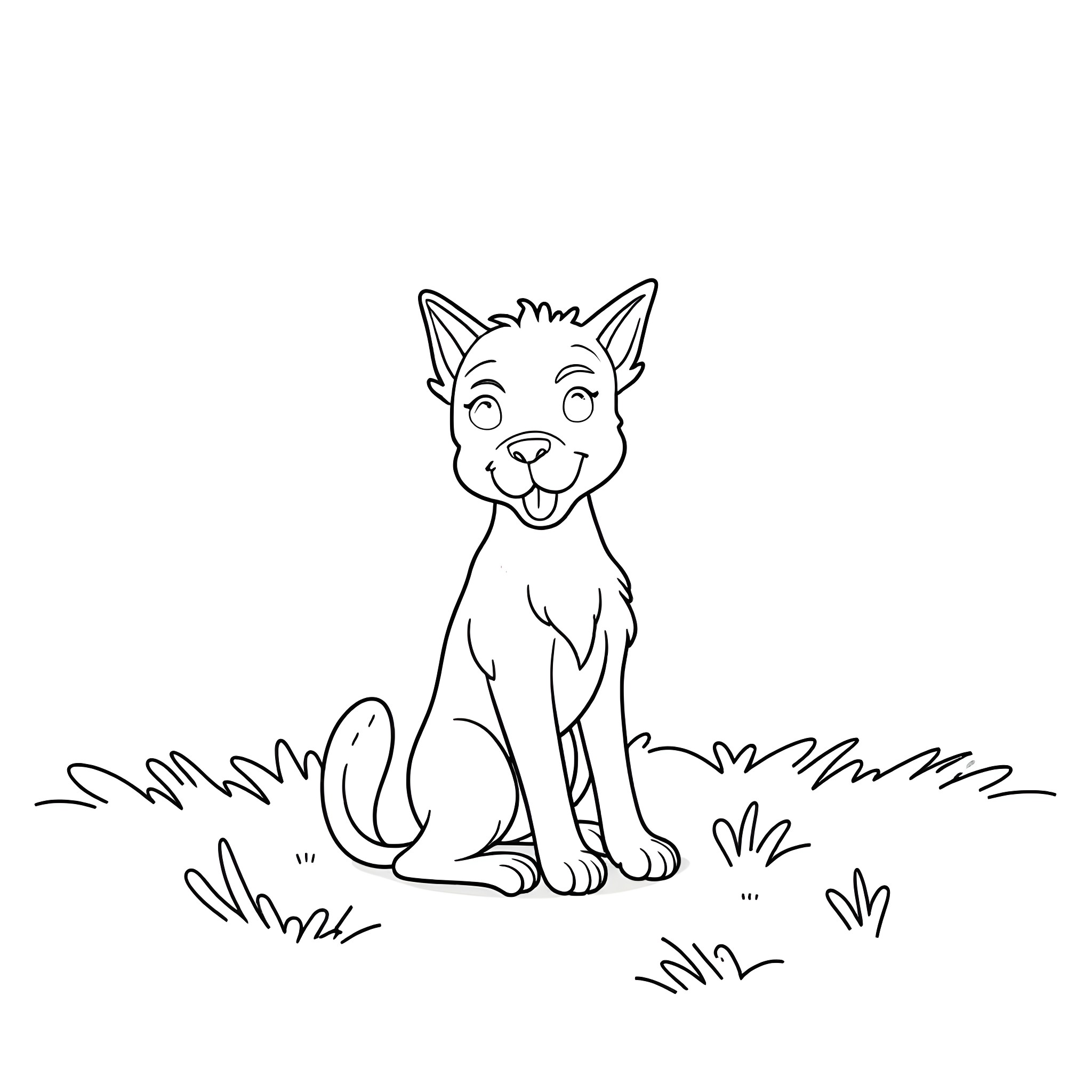Dog sitting happily in the grass Coloring Page (free black-and-white line drawing printable PDF for all, from beginners to advanced learners, including children, teens, adults, and seniors)