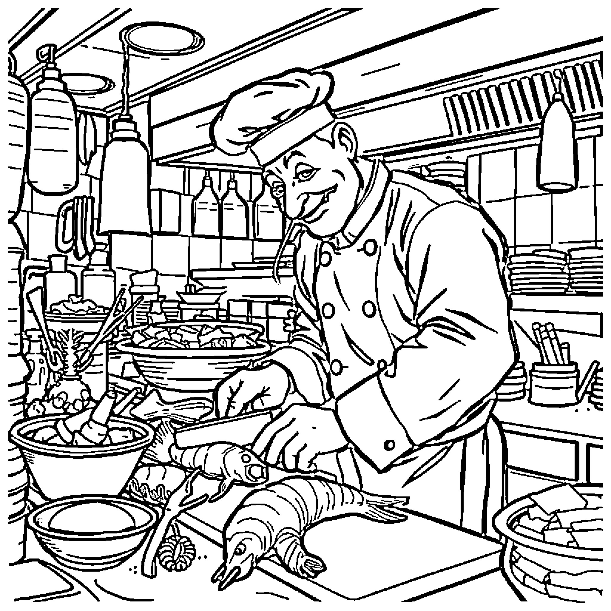 Shrimp chef preparing seafood dishes in busy kitchen Coloring Page (free black-and-white line drawing printable PDF for all, from beginners to advanced learners, including children, teens, adults, and seniors)