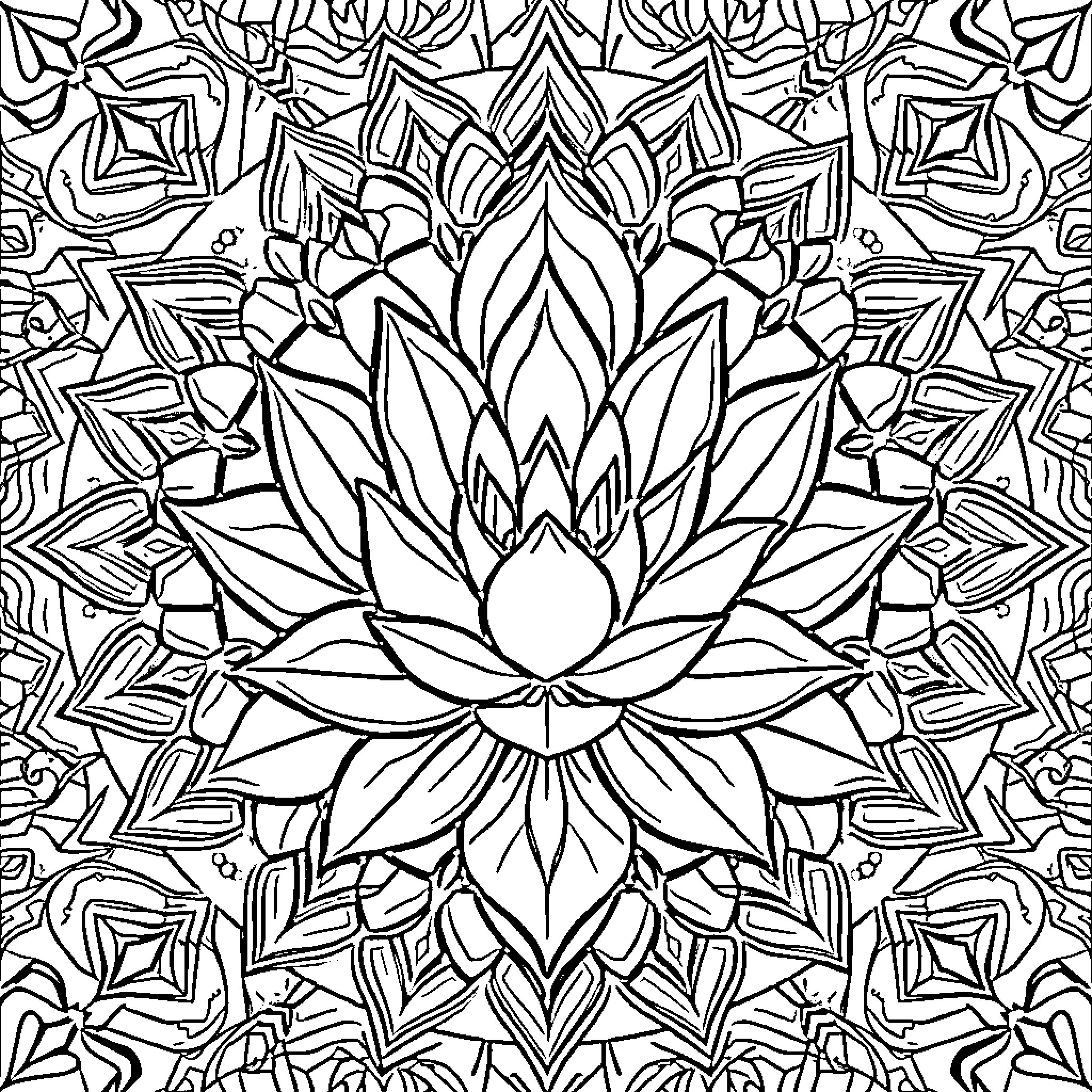 Lotus Flower Mandala Pattern Coloring Page (free black-and-white line drawing printable PDF for all, from beginners to advanced learners, including children, teens, adults, and seniors)