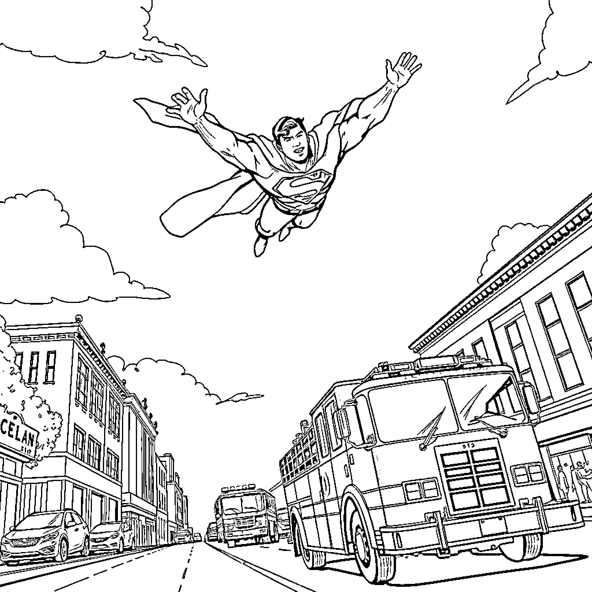 Superman soaring over the city skyline Coloring Page (free black-and-white line drawing printable PDF for all, from beginners to advanced learners, including children, teens, adults, and seniors)