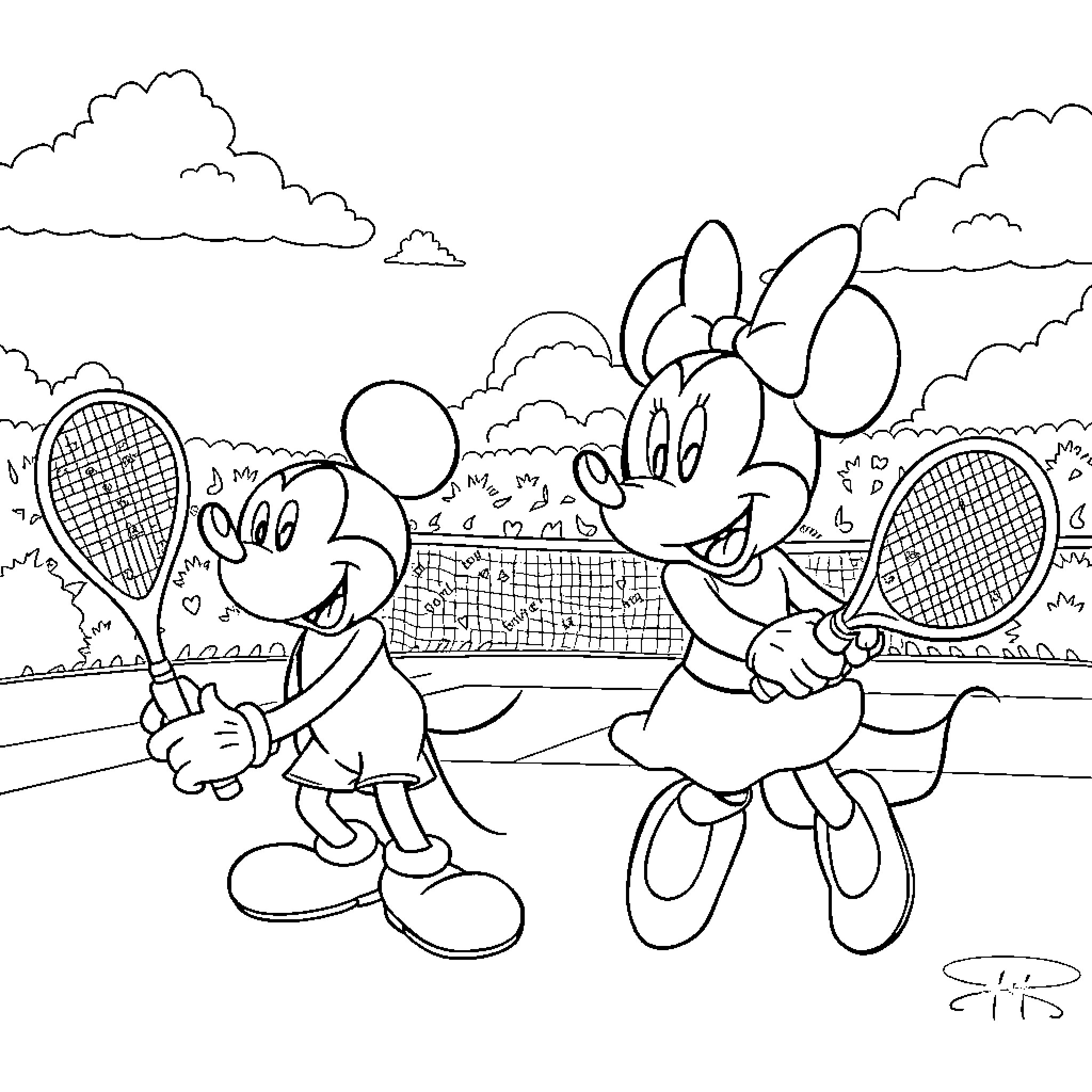 Mickey Mouse and Minnie Mouse playing tennis together Coloring Page (free black-and-white line drawing printable PDF for all, from beginners to advanced learners, including children, teens, adults, and seniors)