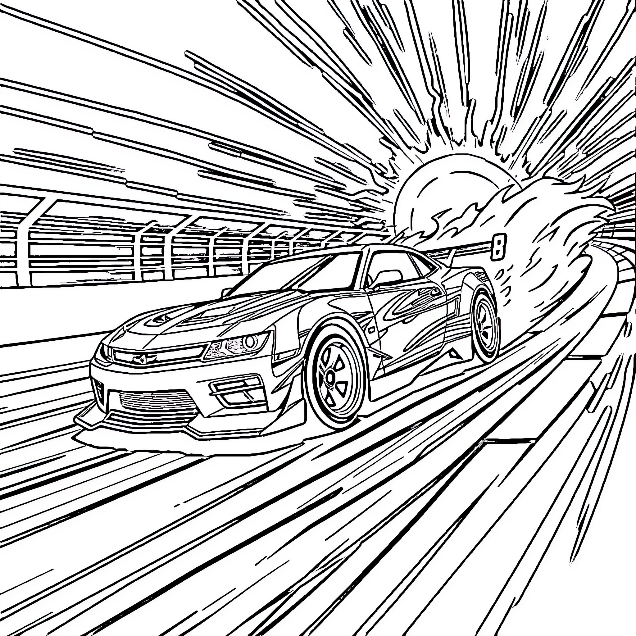 Car speeding through the racetrack with dramatic lighting Coloring Page (free black-and-white line drawing printable PDF for all, from beginners to advanced learners, including children, teens, adults, and seniors)