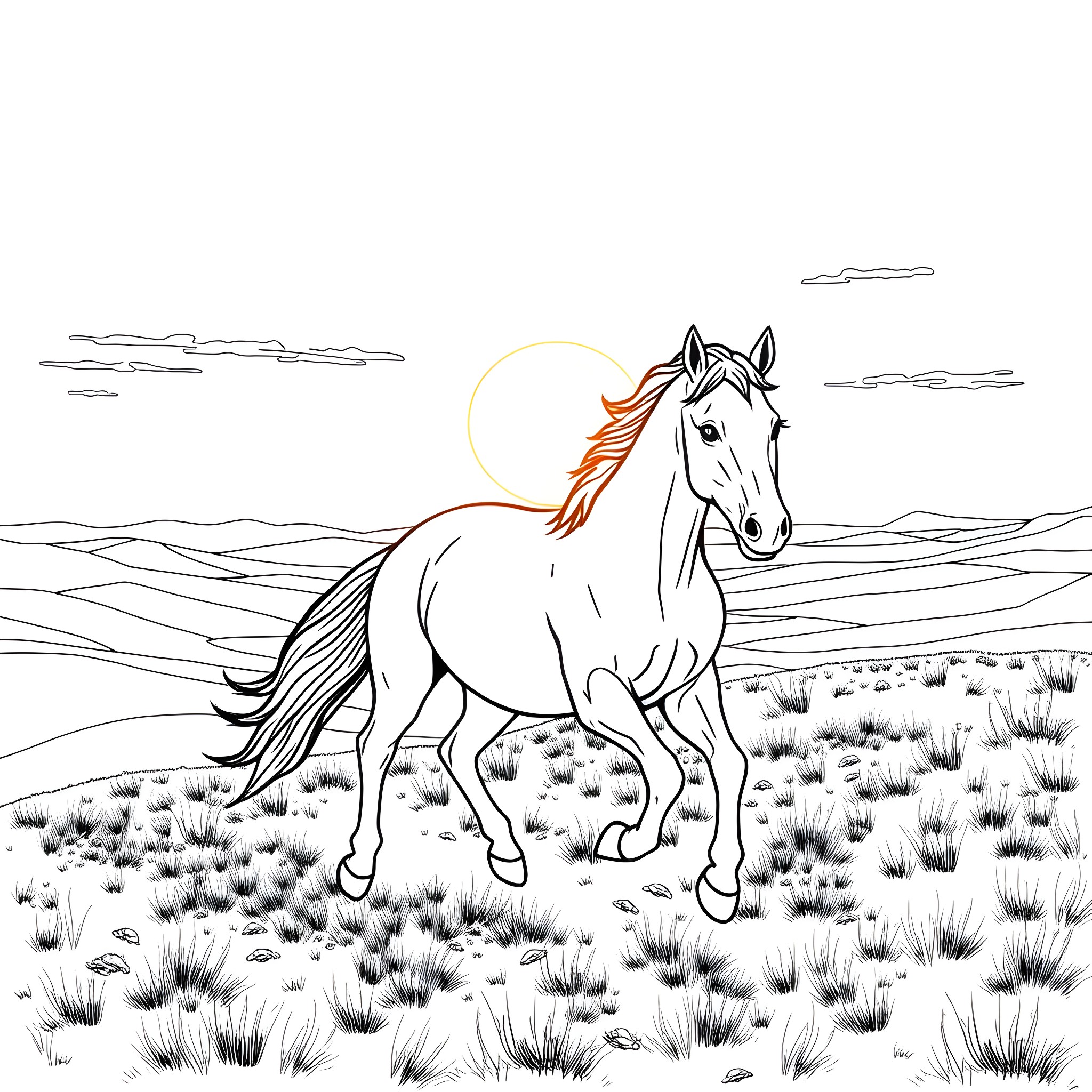 Horse exploring the vast desert landscape Coloring Page (free black-and-white line drawing printable PDF for all, from beginners to advanced learners, including children, teens, adults, and seniors)