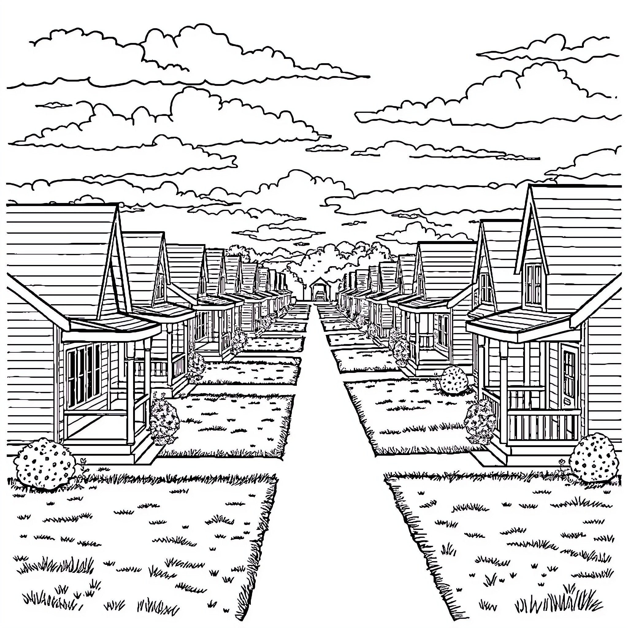Fort Riley military housing community with cloudy sky Coloring Page (free black-and-white line drawing printable PDF for all, from beginners to advanced learners, including children, teens, adults, and seniors)