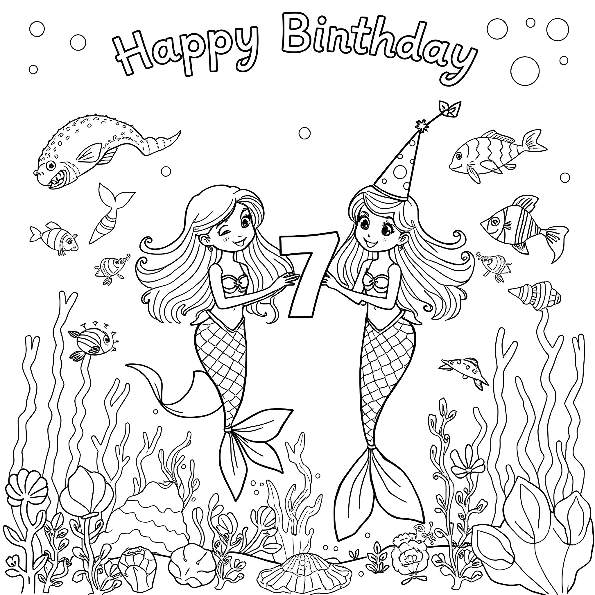 Mermaid Girls Celebrating 7th Birthday Underwater Coloring Page (free black-and-white line drawing printable PDF for all, from beginners to advanced learners, including children, teens, adults, and seniors)