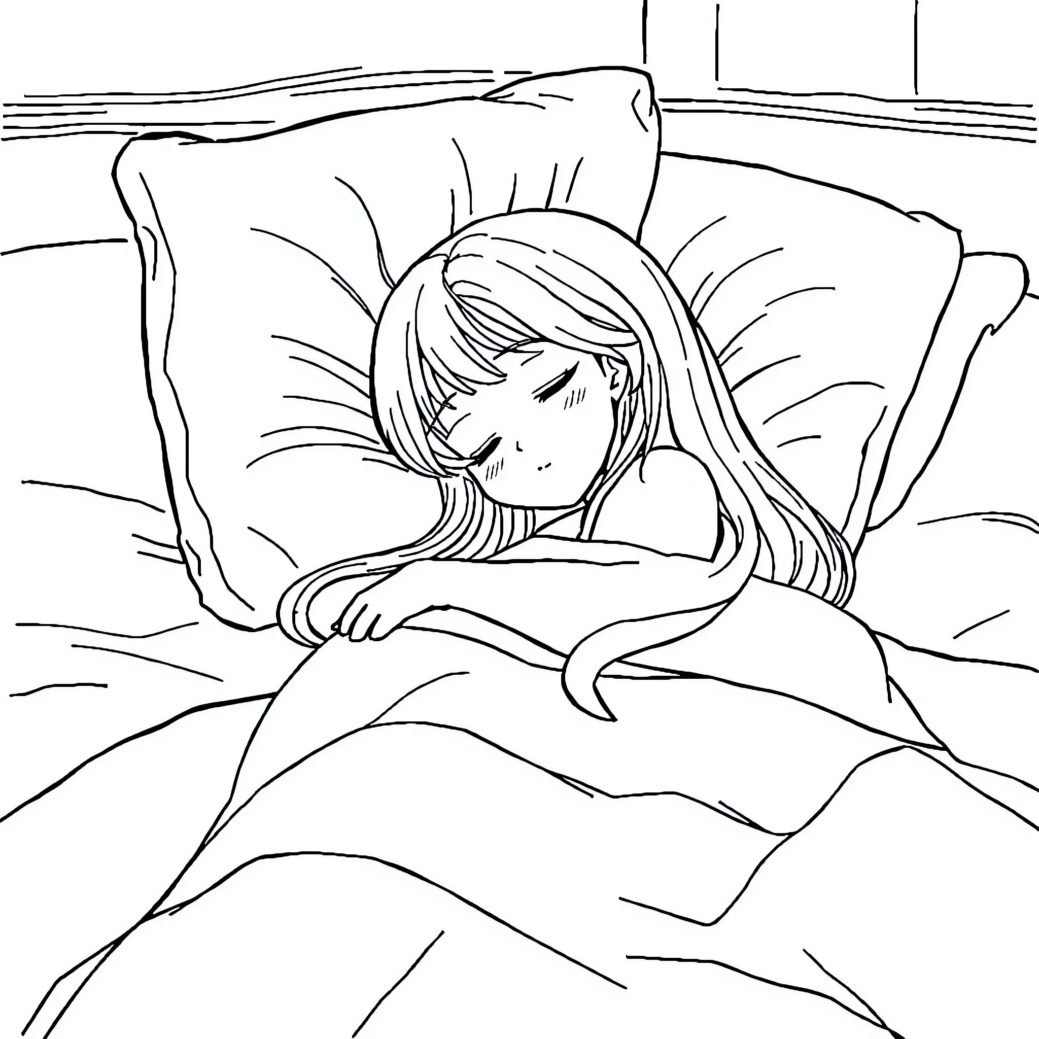 Kaguya Shinomiya sleeping peacefully in bed Coloring Page (free black-and-white line drawing printable PDF for all, from beginners to advanced learners, including children, teens, adults, and seniors)