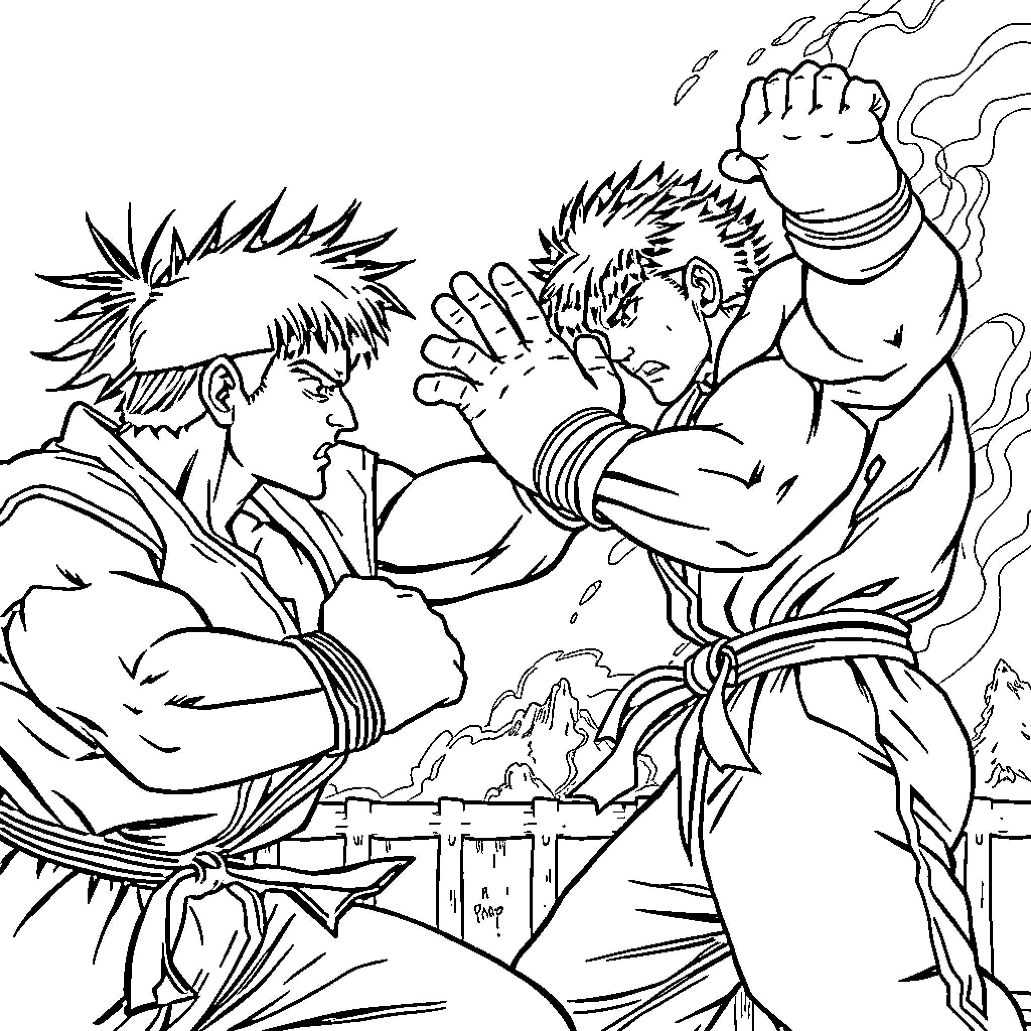 Ryu and Ken's intense martial arts battle Coloring Page (free black-and-white line drawing printable PDF for all, from beginners to advanced learners, including children, teens, adults, and seniors)