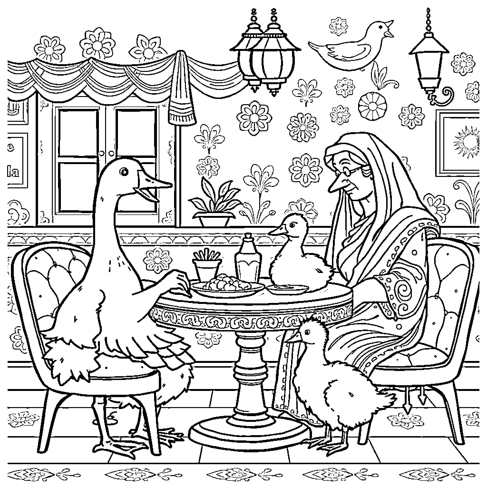 Goose enjoying tea time with family in cozy home Coloring Page (free black-and-white line drawing printable PDF for all, from beginners to advanced learners, including children, teens, adults, and seniors)