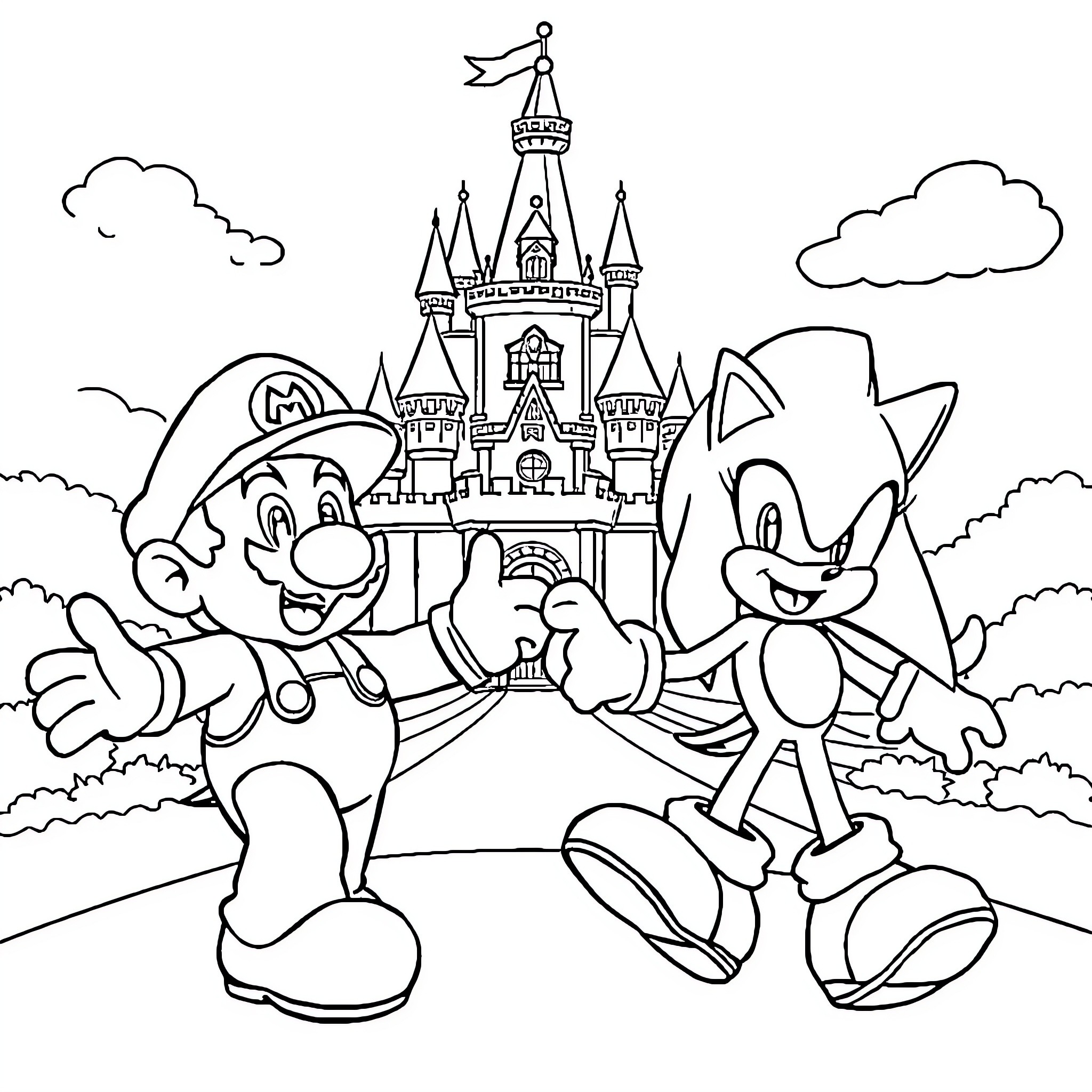 Mario and Sonic visiting a magical castle Coloring Page (free black-and-white line drawing printable PDF for all, from beginners to advanced learners, including children, teens, adults, and seniors)