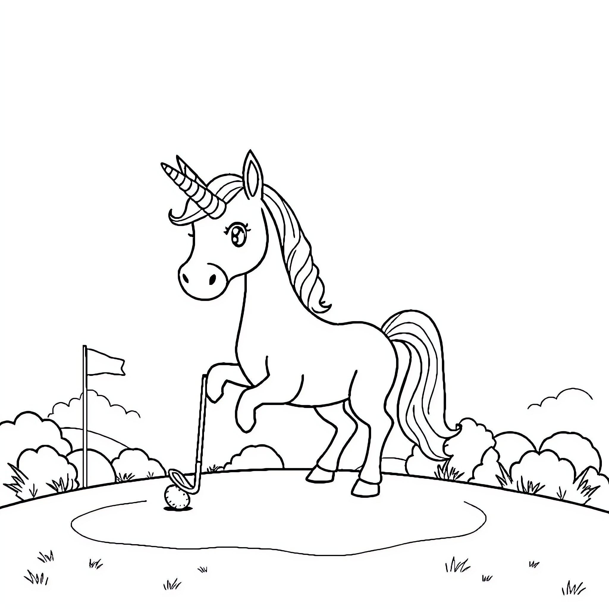 Unicorn playing with a flag in a meadow Coloring Page (free black-and-white line drawing printable PDF for all, from beginners to advanced learners, including children, teens, adults, and seniors)