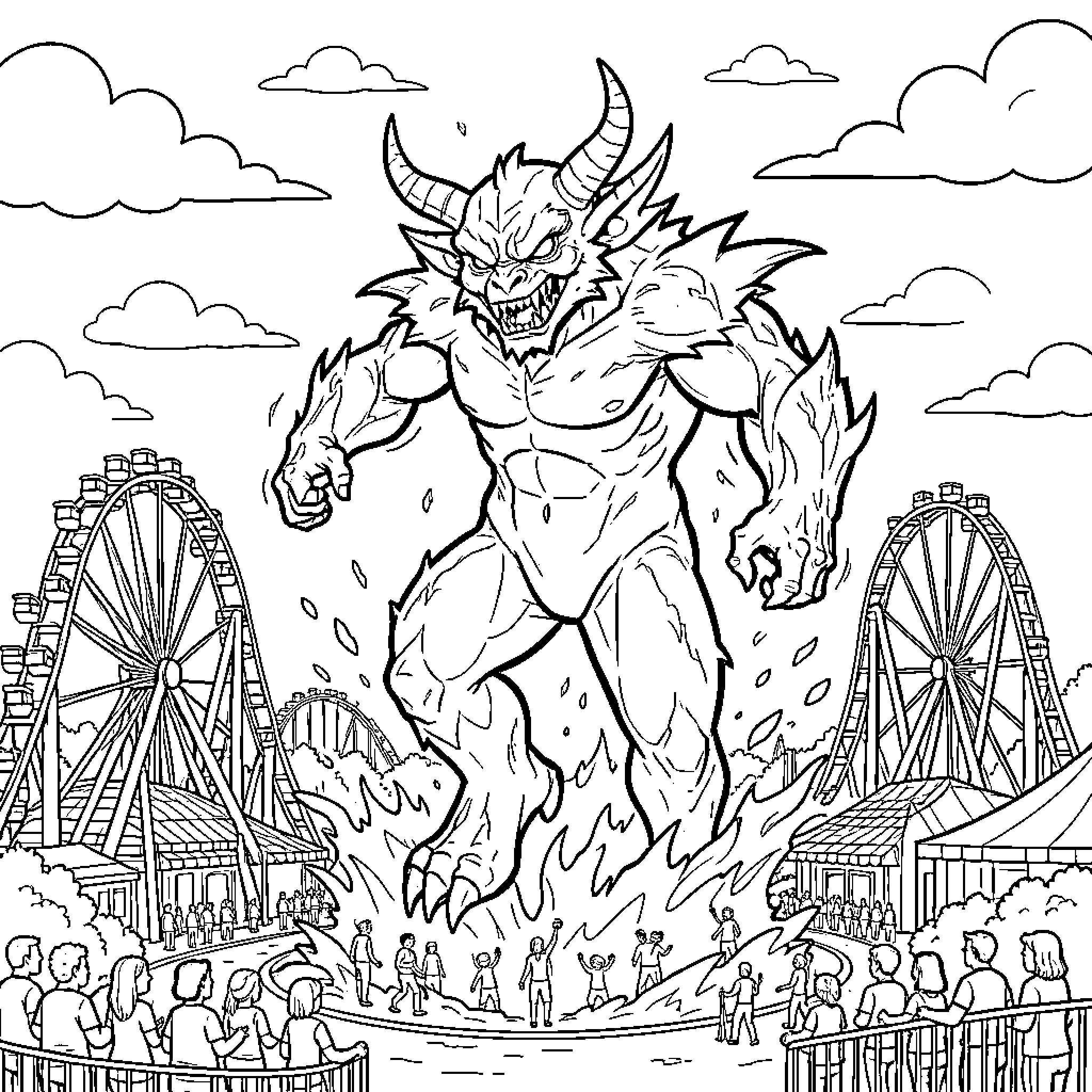Nemesis Unleashed: A Monstrous Apparition at the Carnival Coloring Page (free black-and-white line drawing printable PDF for all, from beginners to advanced learners, including children, teens, adults, and seniors)