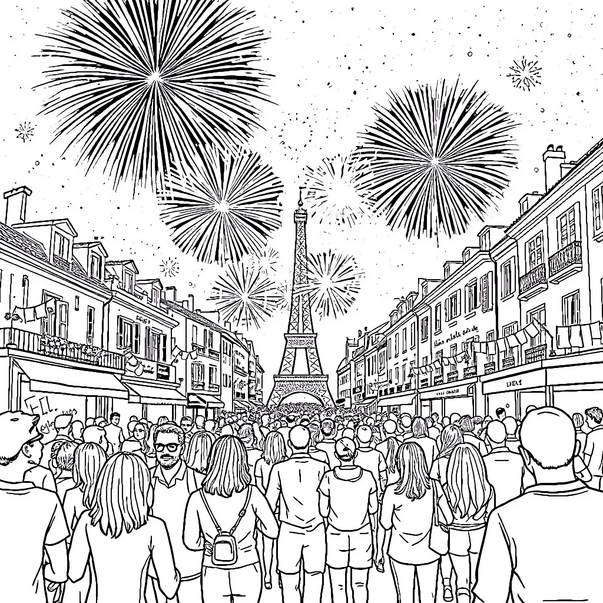 Bastille Day celebration with fireworks and crowds in Paris Coloring Page (free black-and-white line drawing printable PDF for all, from beginners to advanced learners, including children, teens, adults, and seniors)