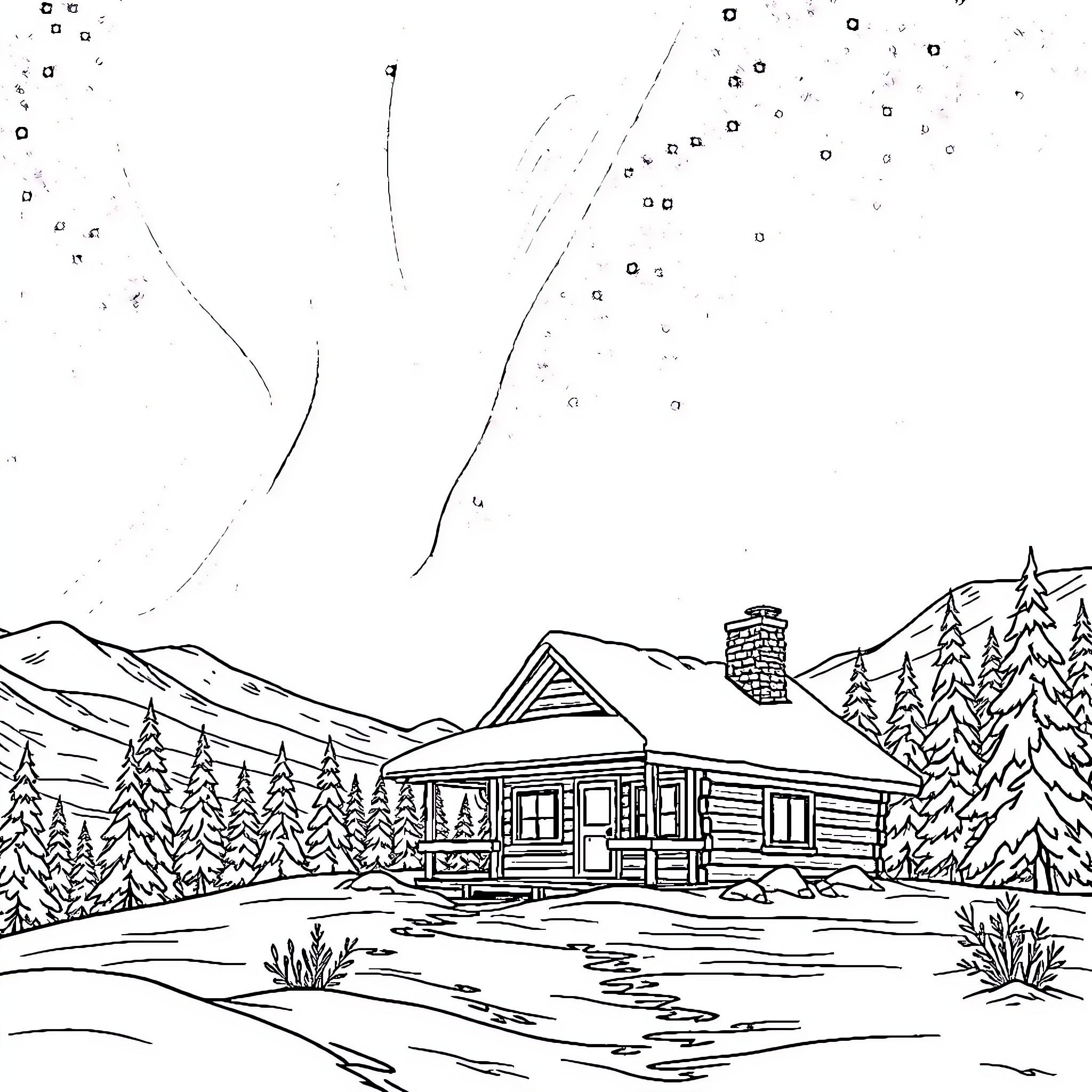 Aurora over the Wilderness Cabin Coloring Page (free black-and-white line drawing printable PDF for all, from beginners to advanced learners, including children, teens, adults, and seniors)