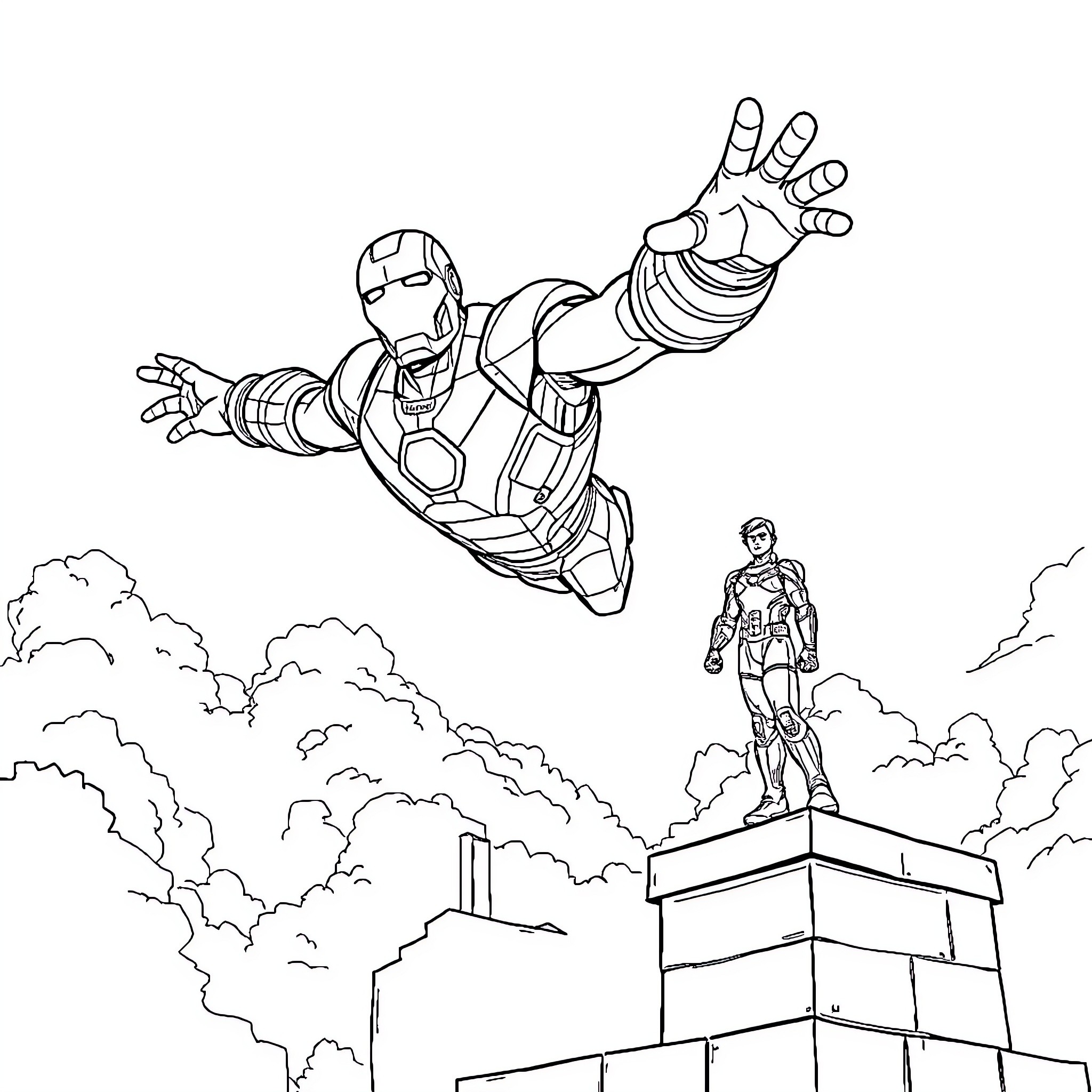 Iron Man flying heroically over the city Coloring Page (free black-and-white line drawing printable PDF for all, from beginners to advanced learners, including children, teens, adults, and seniors)