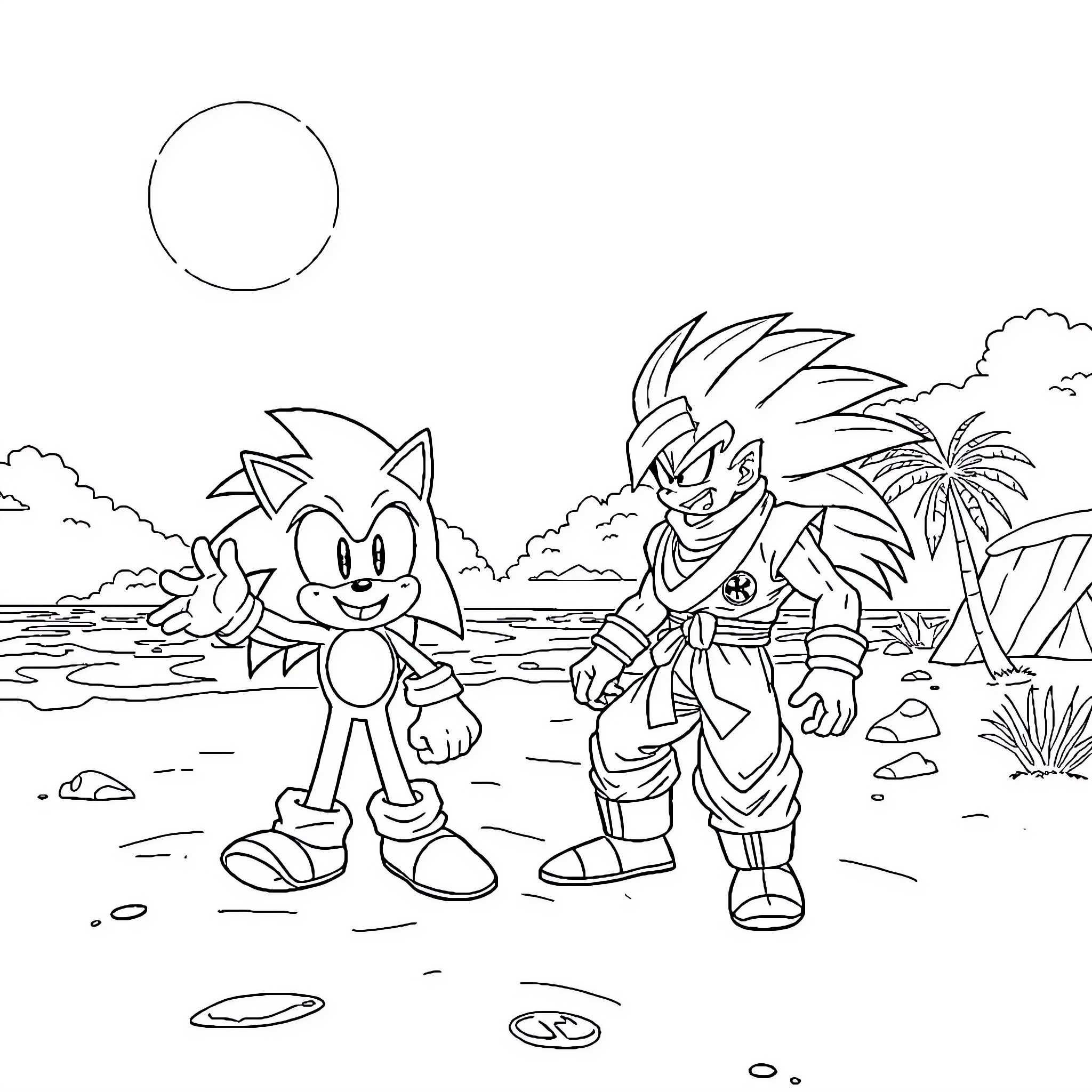 Sonic and Goku explore tropical beach landscape Coloring Page (free black-and-white line drawing printable PDF for all, from beginners to advanced learners, including children, teens, adults, and seniors)