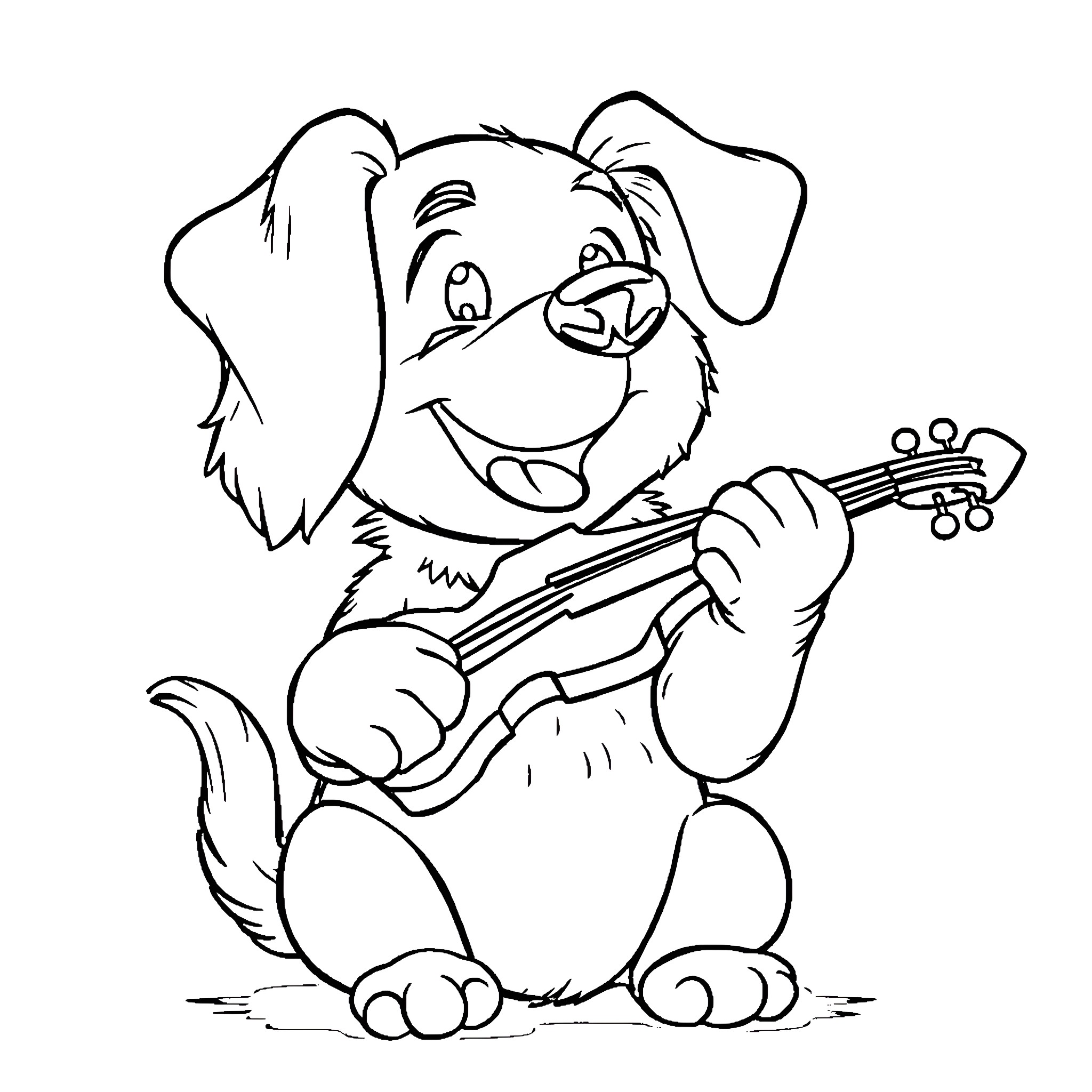 Dog playing with guitar happily Coloring Page (free black-and-white line drawing printable PDF for all, from beginners to advanced learners, including children, teens, adults, and seniors)