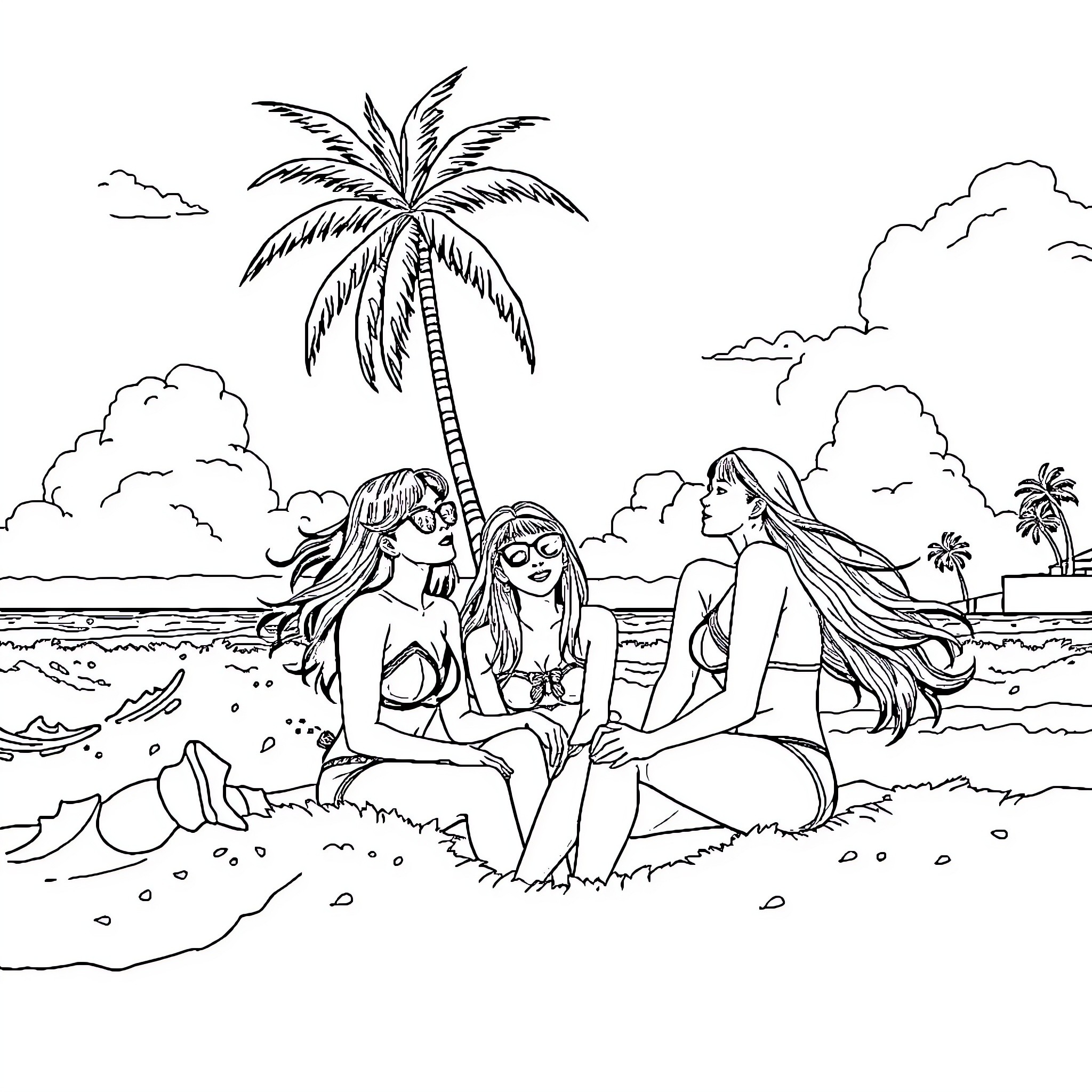 Blackpink members enjoying a tropical beach scene Coloring Page (free black-and-white line drawing printable PDF for all, from beginners to advanced learners, including children, teens, adults, and seniors)