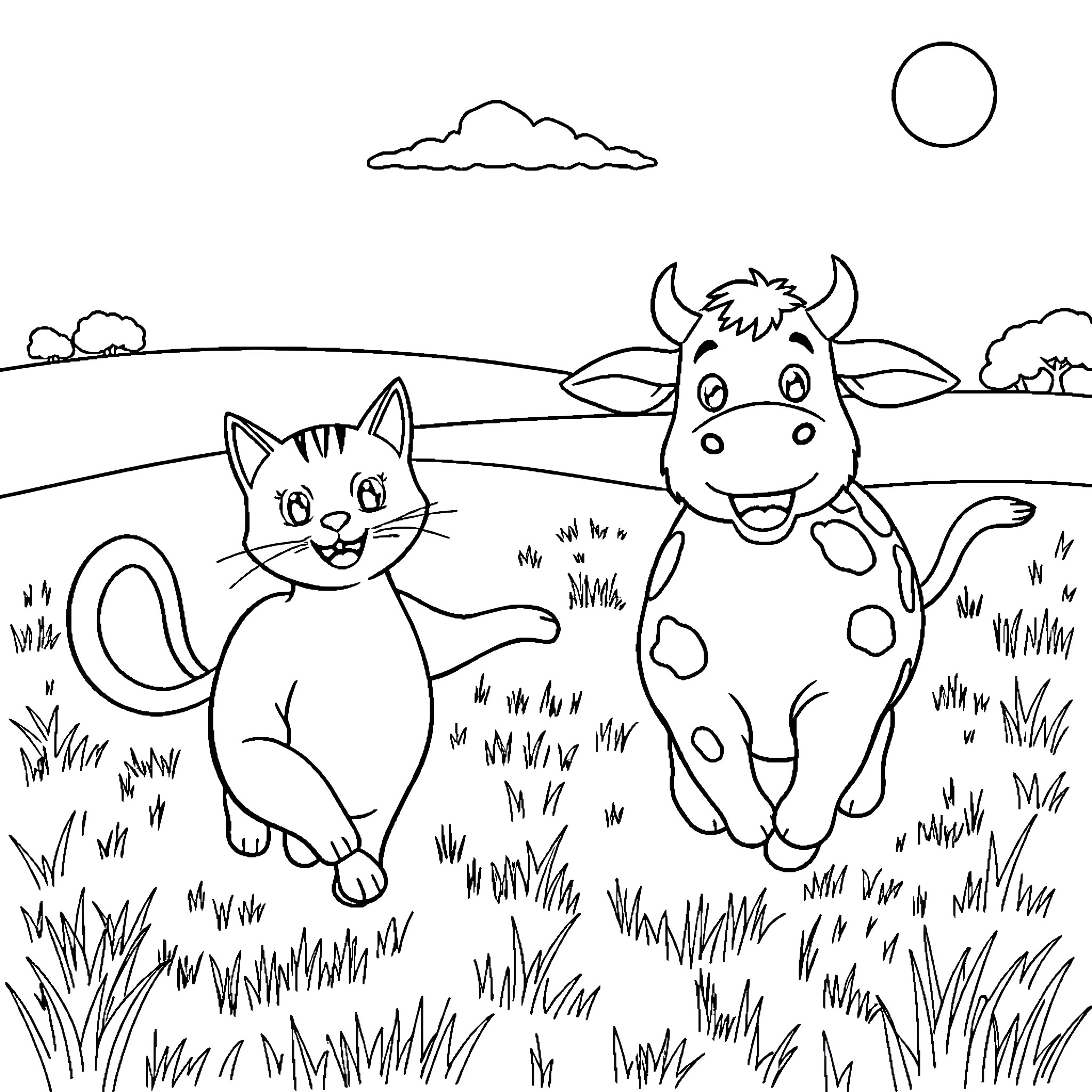 Cat and Cow Enjoying the Outdoors Coloring Page (free black-and-white line drawing printable PDF for all, from beginners to advanced learners, including children, teens, adults, and seniors)