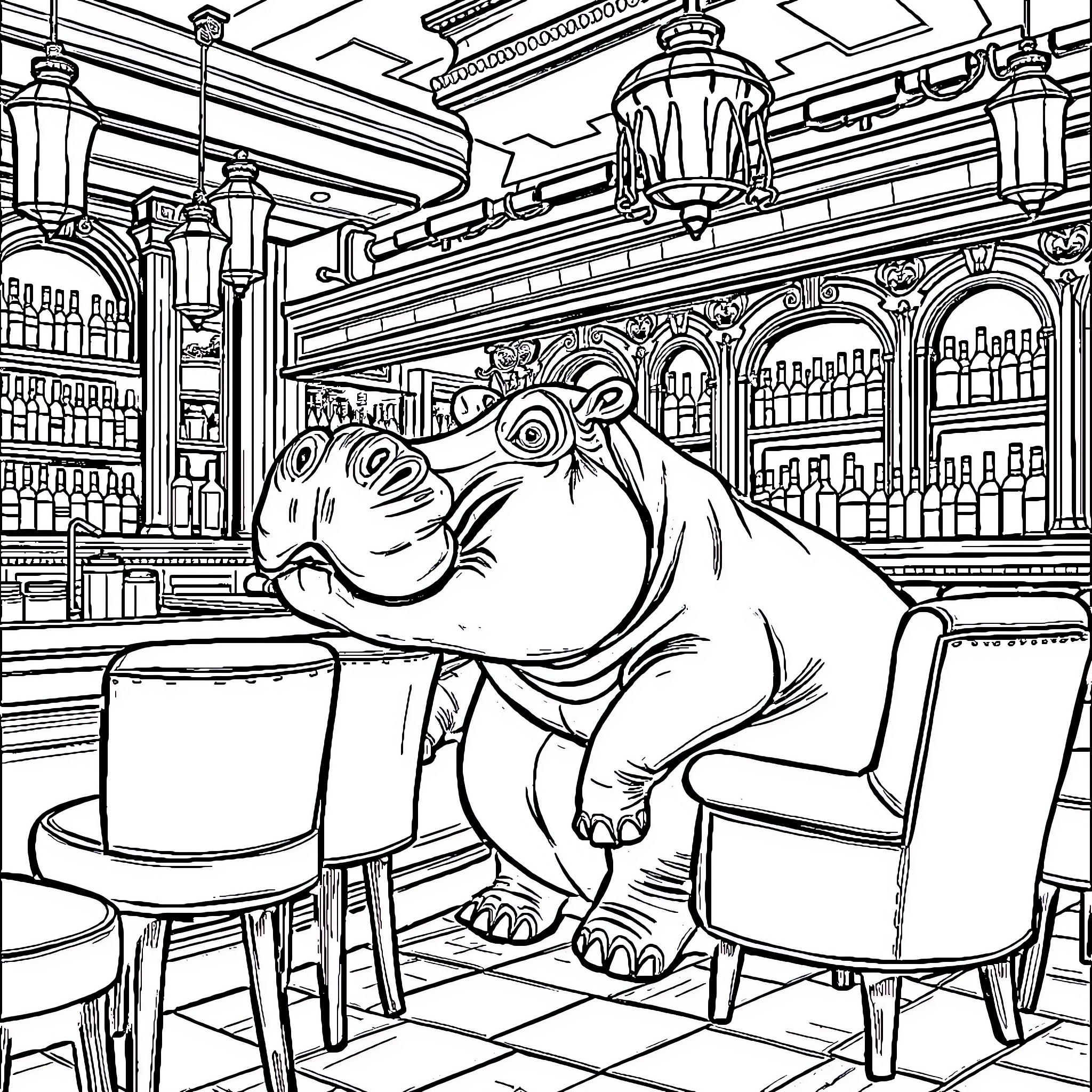 Hippopotamus relaxing in an elegant restaurant Coloring Page (free black-and-white line drawing printable PDF for all, from beginners to advanced learners, including children, teens, adults, and seniors)