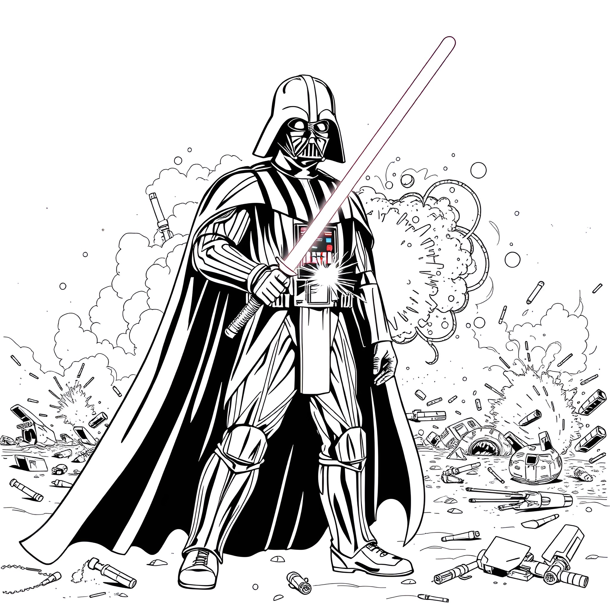 Darth Vader in an epic battle scene Coloring Page (free black-and-white line drawing printable PDF for all, from beginners to advanced learners, including children, teens, adults, and seniors)